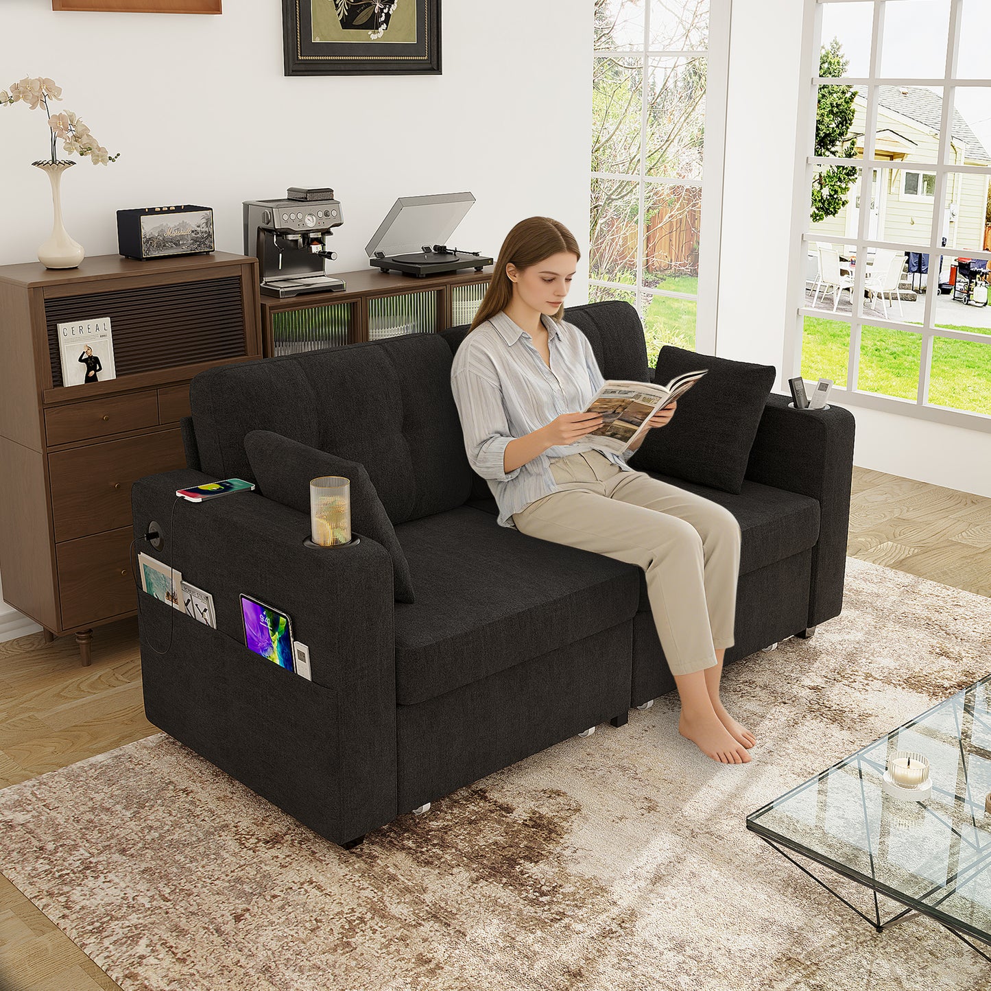 Two-seater Sofa With Two Storage Drawers And USB Charging Ports, With Cup Holders And Side Pockets, Equipped With Hidden Storage Compartments. Suitable For Living Rooms, Apartments And Reading Corners