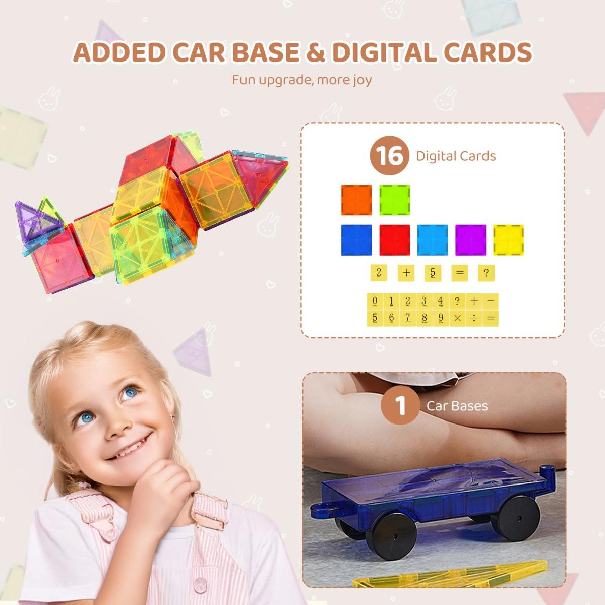 Magnetic Tiles, 55 PCS Magnetic Building Blocks For Kids, Magnet Building Set With Car Base & 16 Digital Cards, STEM Educational Construction Stacking Toys Gift For Toddlers Boys Girls Aged 4+