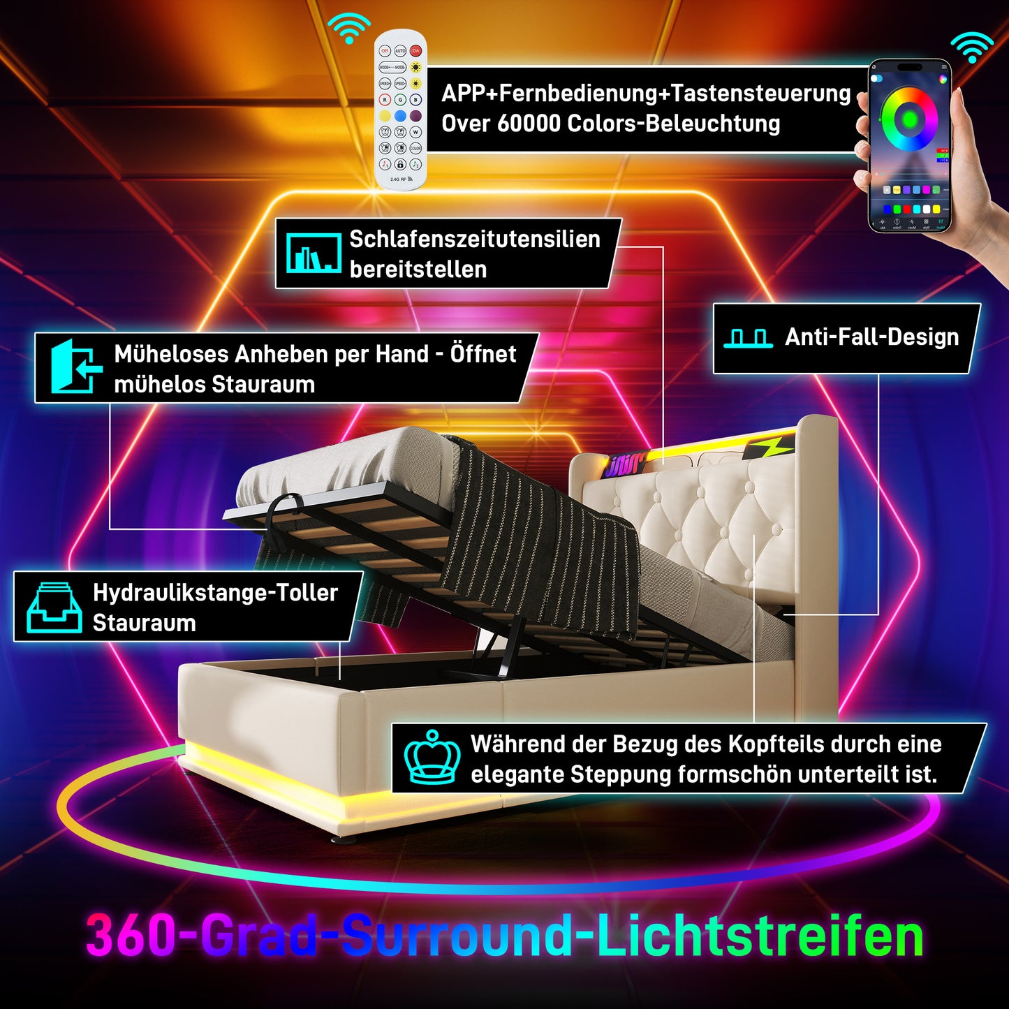 Upholstered Bed Single Bed, 360 Surround LED Function, Push Button App Remote Control, 90x200 Cm, White PU Material Hydraulic Storage Bed, Upholstered Headboard With USB Type-C Charging Function