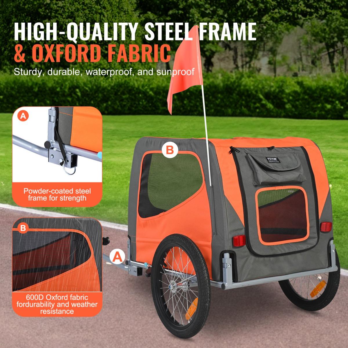 Dog Bike Trailer, Supports Up To 66 Lbs, Pet Cart Bicycle Carrier, Easy Folding Frame With Quick Release Wheels, Universal Bicycle Coupler, Reflectors, Flag, Collapsible To Store, Orange/Gray