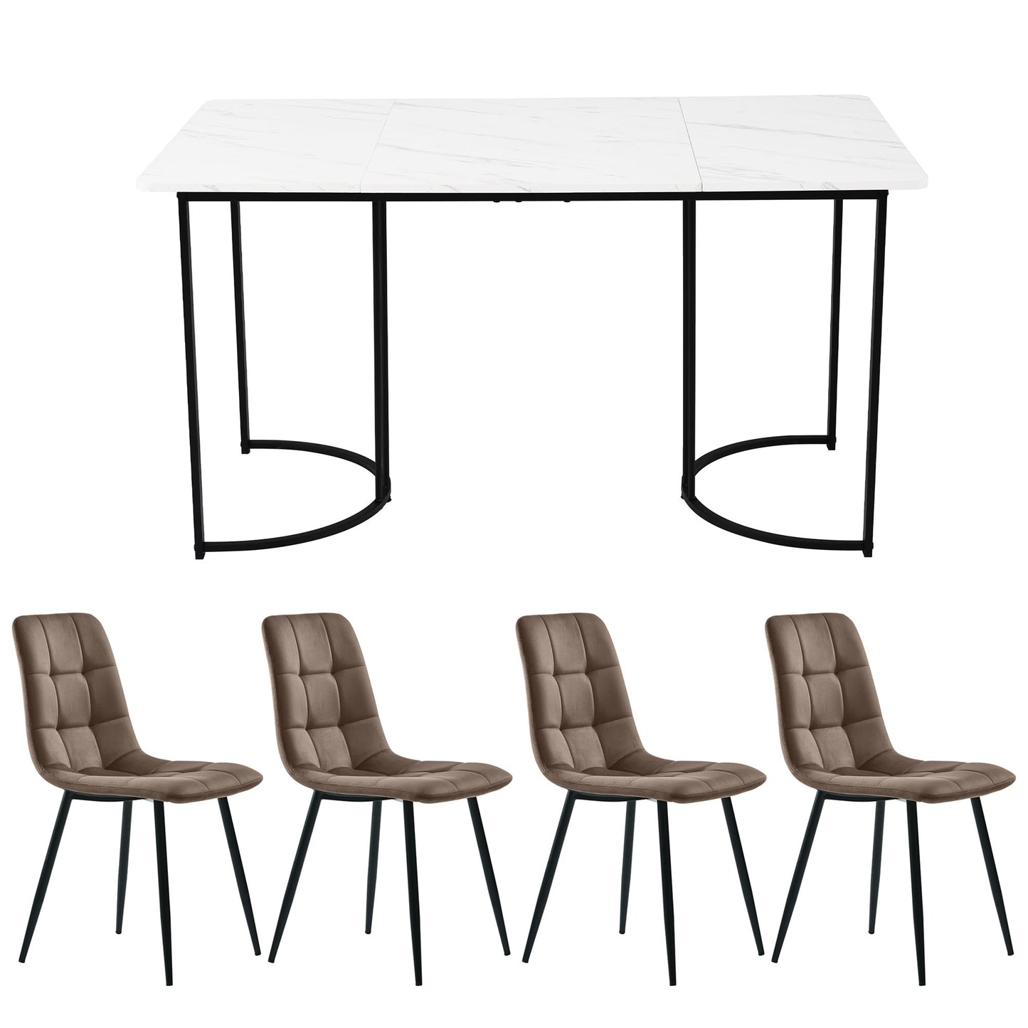 5-Piece Dining Set Dining Table With 4 Chairs Modern Kitchen Table Set 140 X 80 CmFeaturing Black Metal Legs And White MDF Tabletop, Plus Brown Velvet Dining Chairs