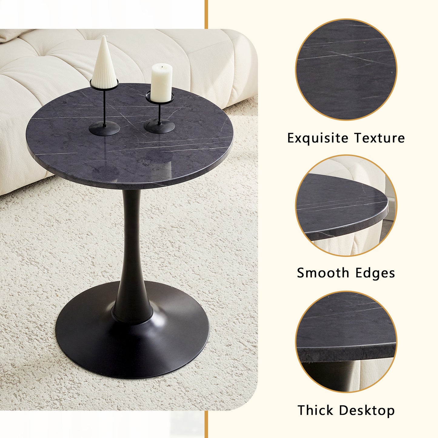 Round Dining Table, 23.6in Circle Tulip Table With Thickened Tabletop & Metal Pedestal, Mid Century Modern Bistro Table For Kitchen, Small Places, Living Room, Cafe Faux Marble