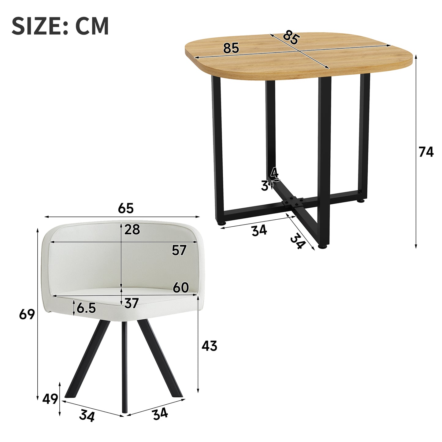 Dining Table And Chair Set For 4 People, Consisting Of A Dining Table 85 X 85 Cm And Four Chairs Covered With Linen, Suitable For Kitchen And Dining Room Oak Table Top Beige Chairs