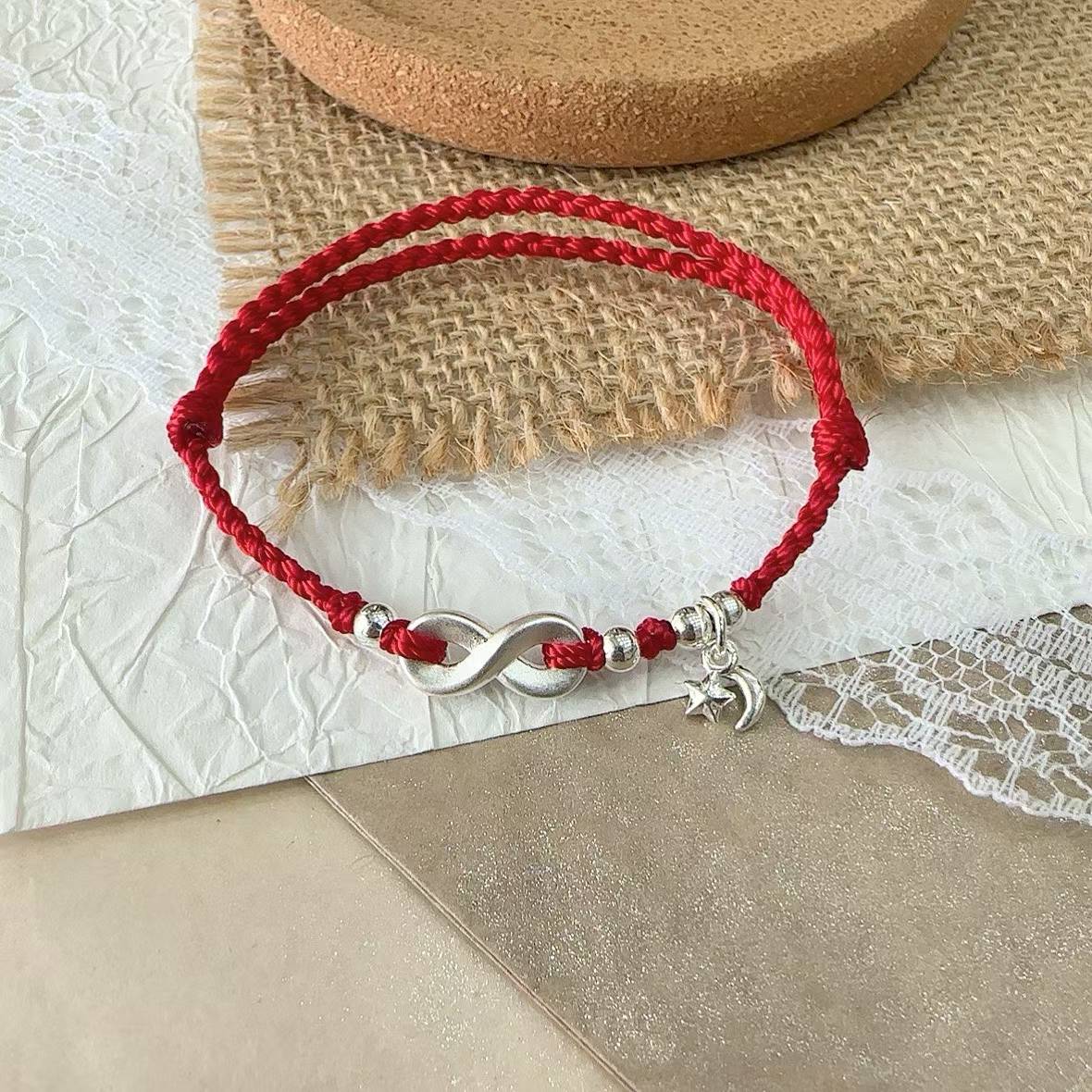 1pcs 999 Sterling Silver Infinity Star Moon Charm Double Red Rope Braided Bracelet, Elegant Chinese Style, For Daily Date Wear & Girlfriend Valentine Lucky Gifts
