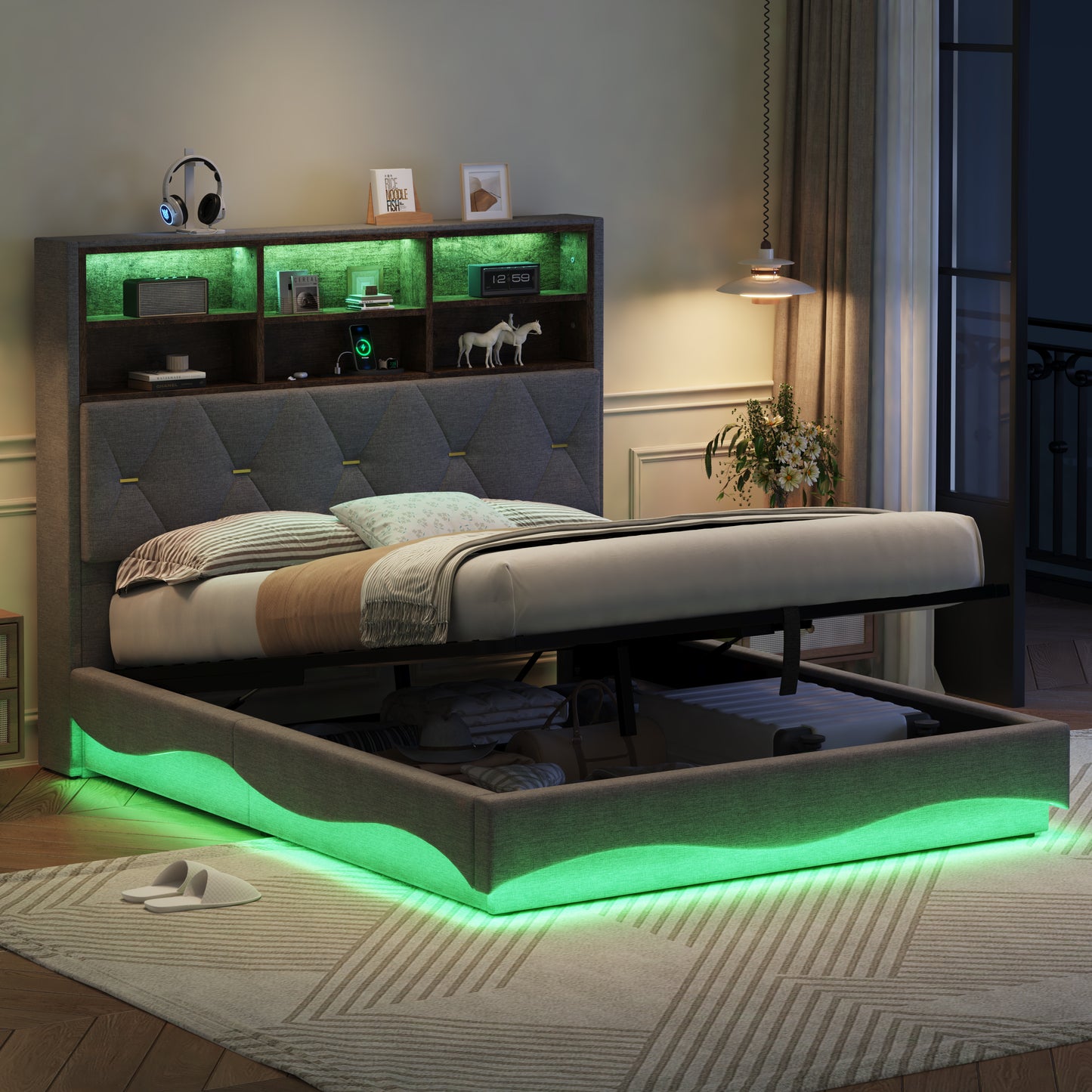 4ft6 Double Upholstered Bed Frame With Hydraulic Storage, Wavy LED Heightened Headboard With Charging Station, USB And Type - C Ports, Linen, No Box Spring Needed, Grey No Mattress
