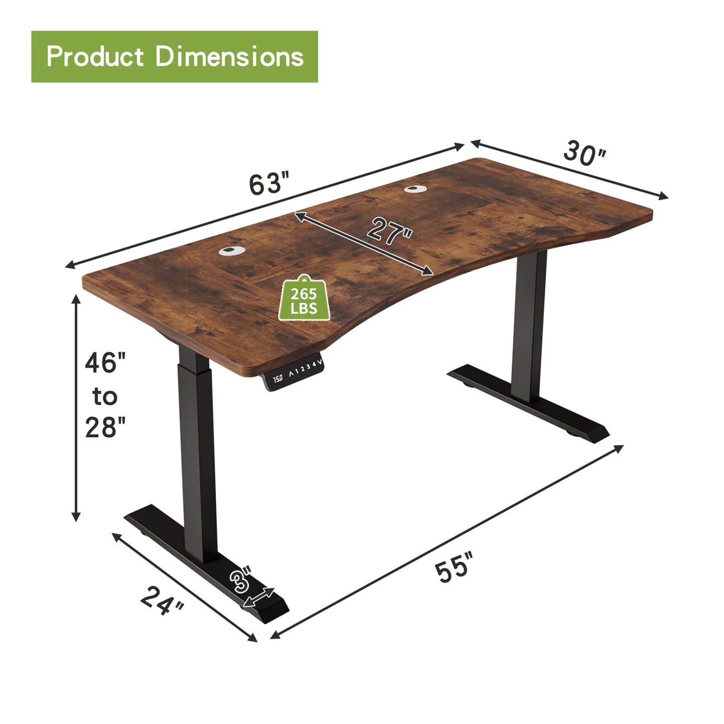 63x30 Dual Motor Curve Design Height Adjustable Electric Standing Desk Height Stand Up Computer Desk,Sit And Stand Home Office Desk With Splice Board Rustic Brown Desktop Dual Motor Black Frame