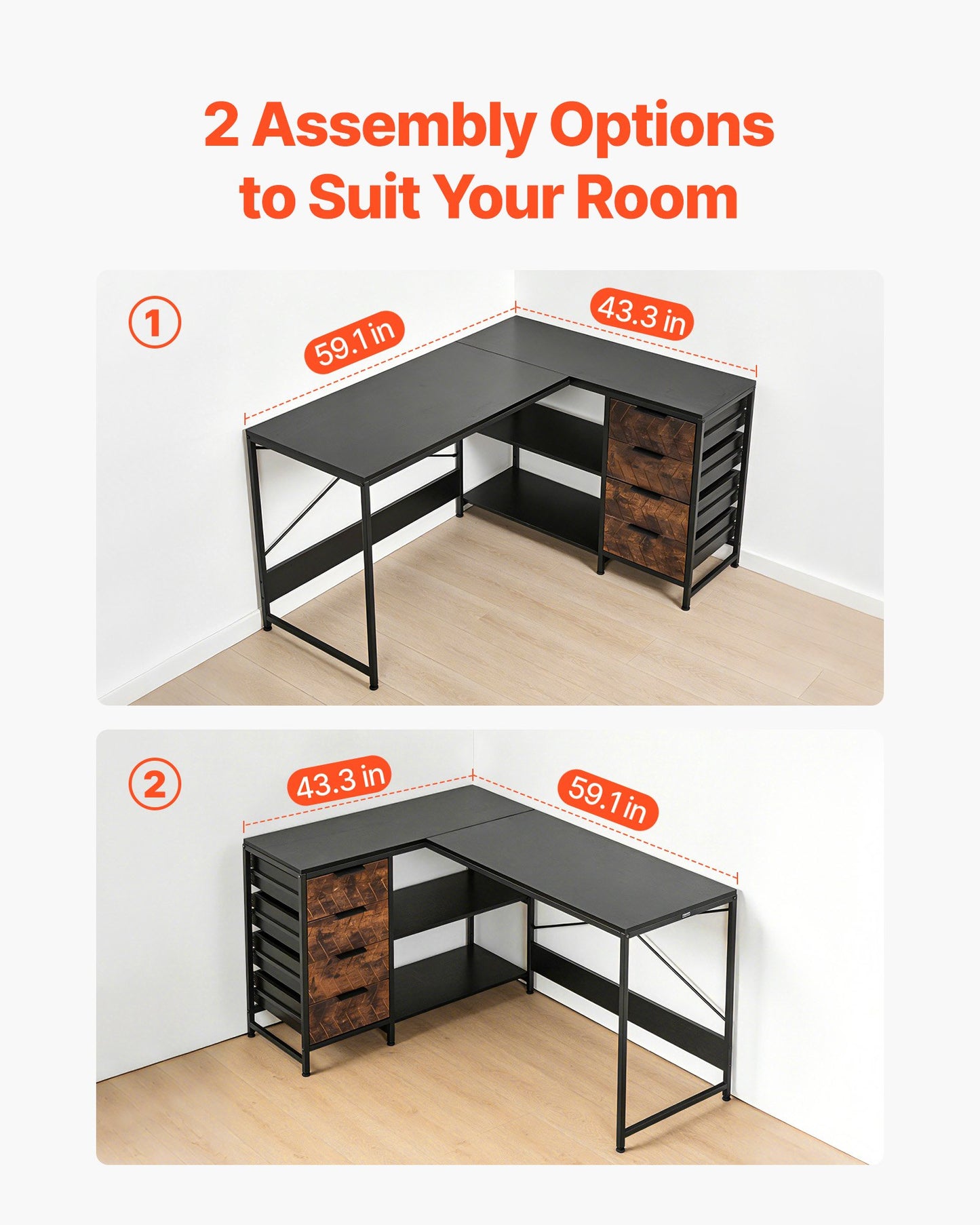 L-Shaped Computer Desk, 59-inch Reversible Corner Gaming Desk With Drawers & Storage Shelves, Modern Stylish PC Table Sturdy Work Workstation For Home Office - Easy To Assembly