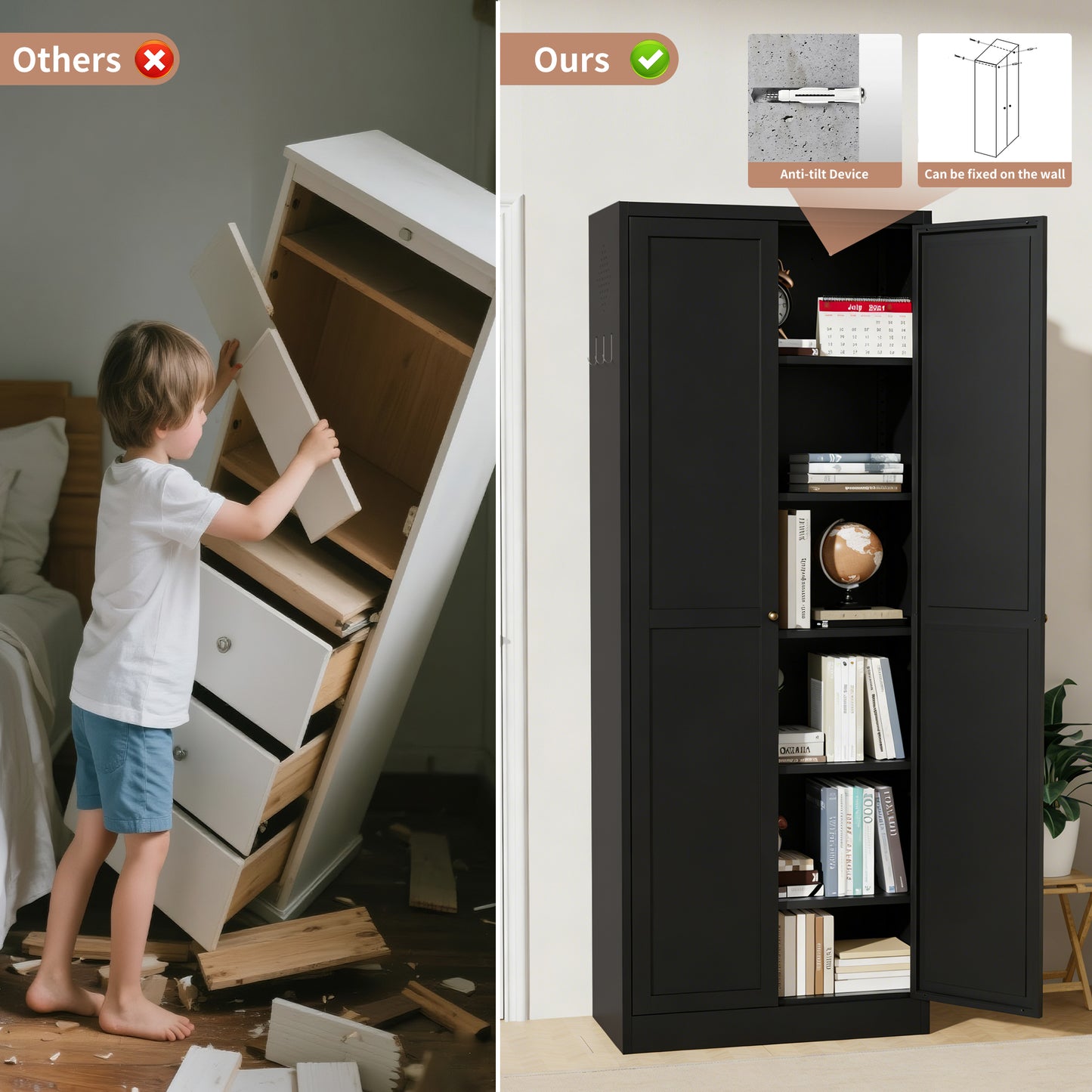 72 Black Metal Kitchen Pantry Cabinet With Doors, Heavy-Duty Freestanding Storage Organizer With 5 Adjustable Shelves, Tool-Free Assembly For Pantry, Kitchen, Bathroom