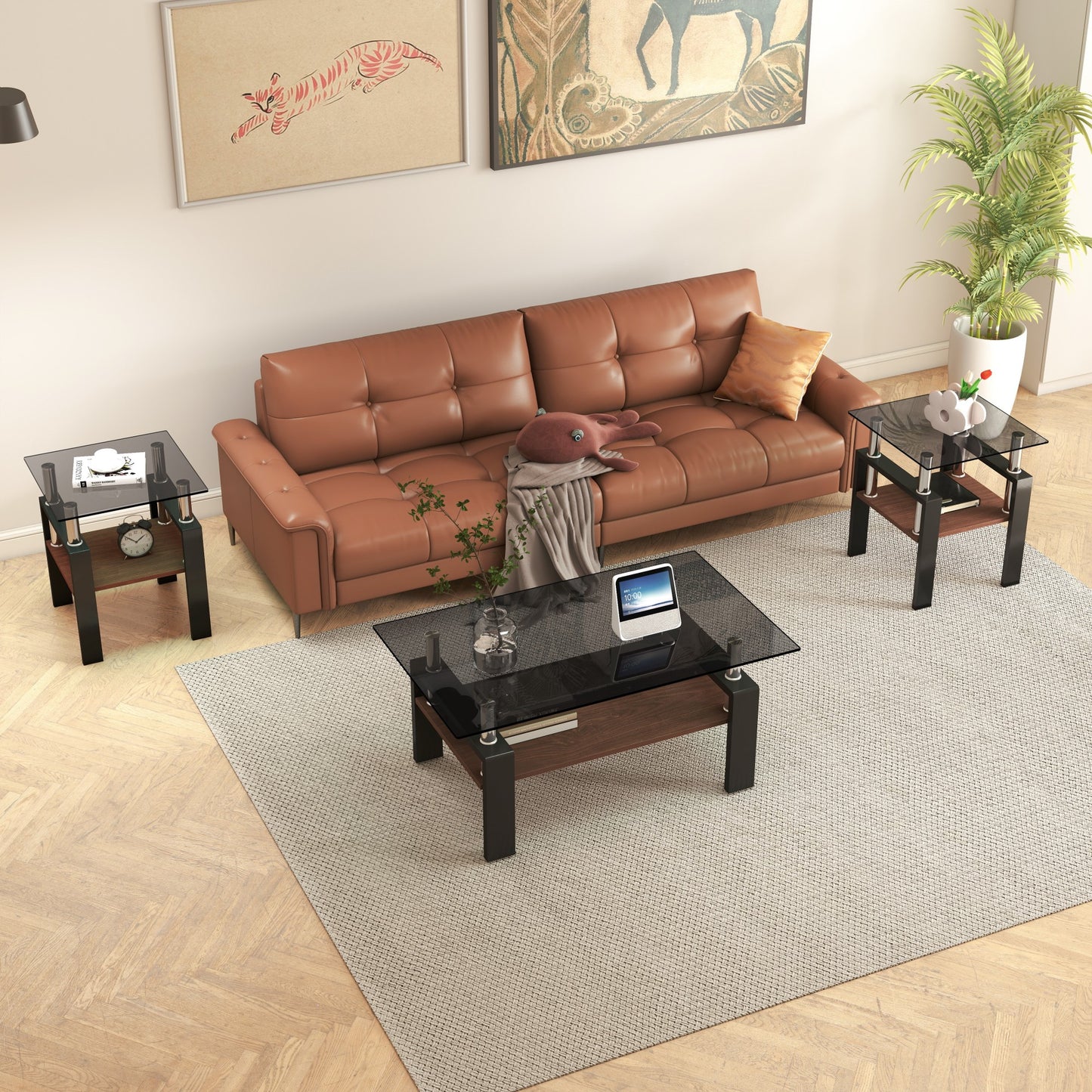 Set Of 2 Modern Tempered Glass Tea Table ,Tempered Glass Tabletop With MDF Layer,Coffee Table,End Table, Square Table For Living Room, Gray Black