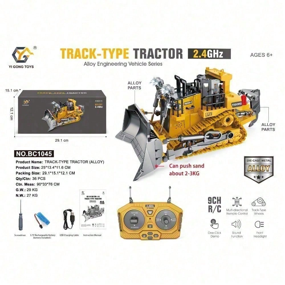 9 Channel 2.4GHz RC Heavy Duty Alloy Bulldozer With Metal Blade, Rechargeable Battery And Cyber Truck Style. The Ultimate Construction Toy For Active Boys And Kids Ages 6, Perfect Gift