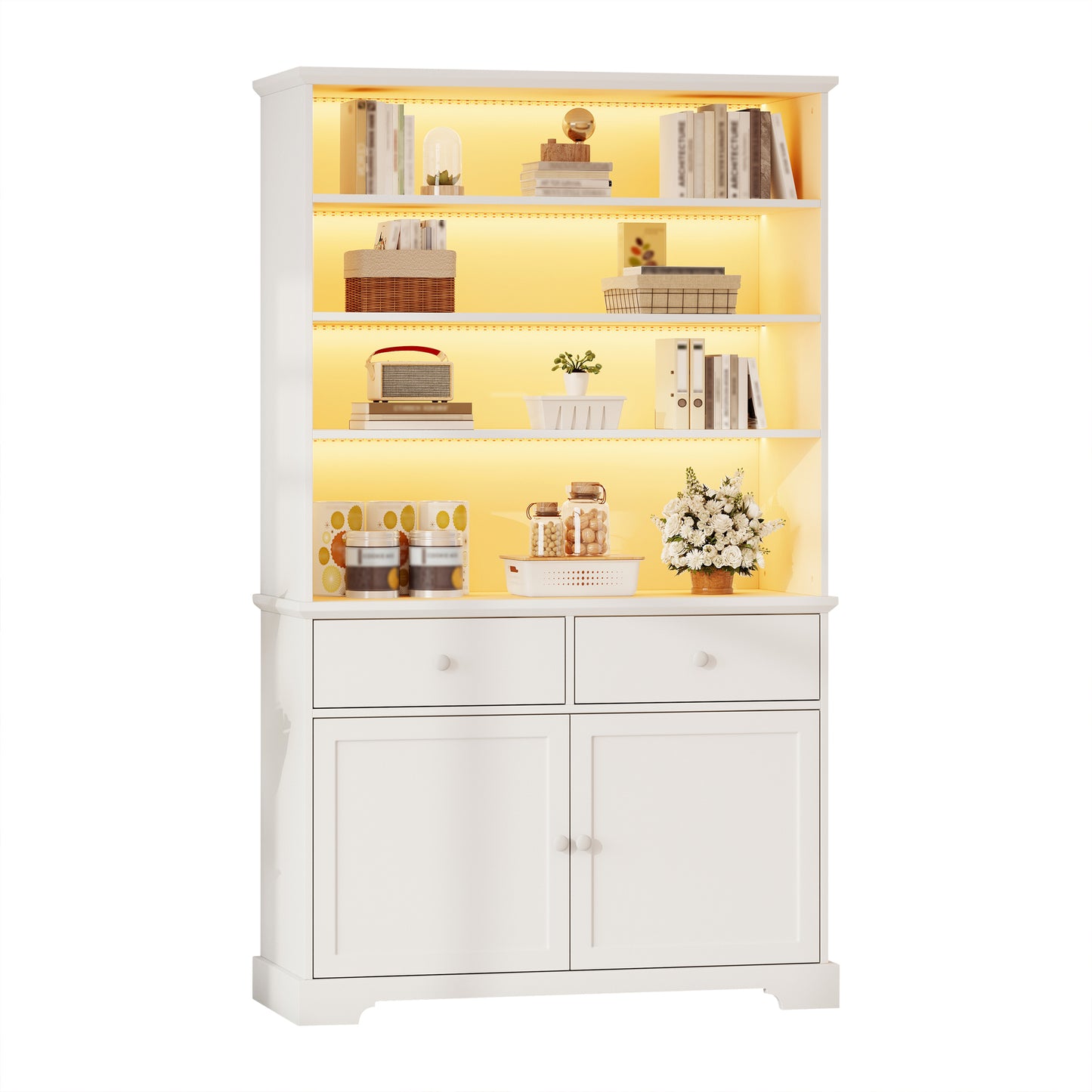 Display Cabinet, Freestanding Display Cabinet With 2 Cabinet Doors, Glass Display Cabinet With LED Lighting, Living Room Cabinet Wide, Multifunctional Cabinet With 2 Drawers,
