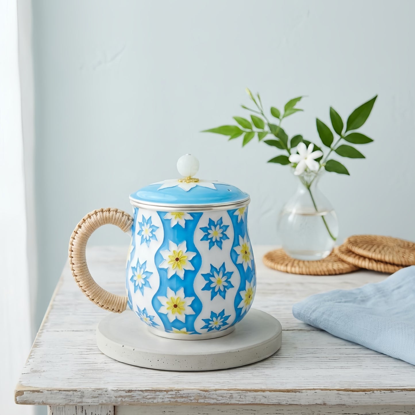 925 Sterling Silver Elegant Ceramic Mug with Floral Design, Woven Handle, and Lid-Premium Indigo Tea Mug - Handicraft