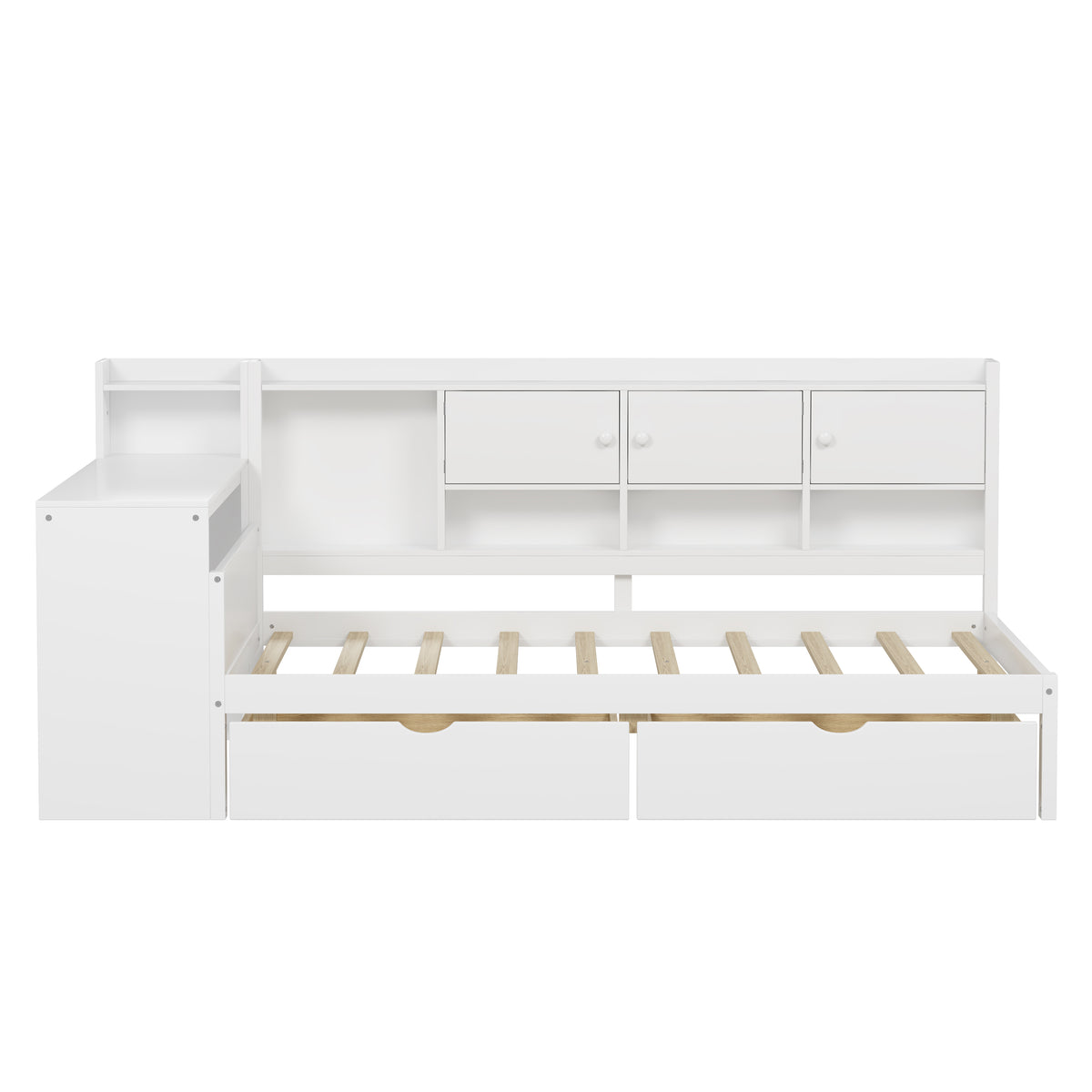 Full Size Wooden L-Shape Daybed With Seven Storage Cabinets And Two Storage Drawers, Multi-functional Bed With Study Desk And Built-in Bookshelf, White Old