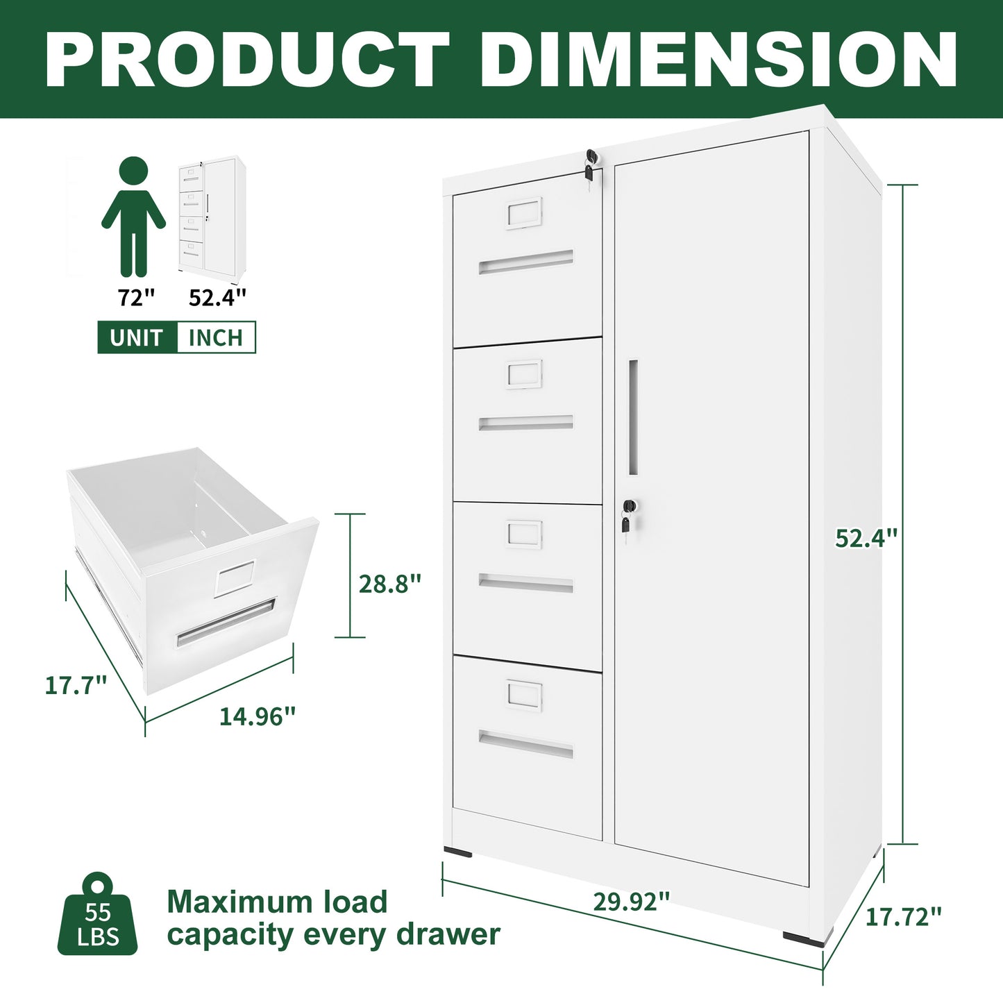 Metal Storage Vertical Filing Cabinet With Lock, Steel File Locker With 4 Drawers And 1 Door For School, Living Room, Bedroom, Office White