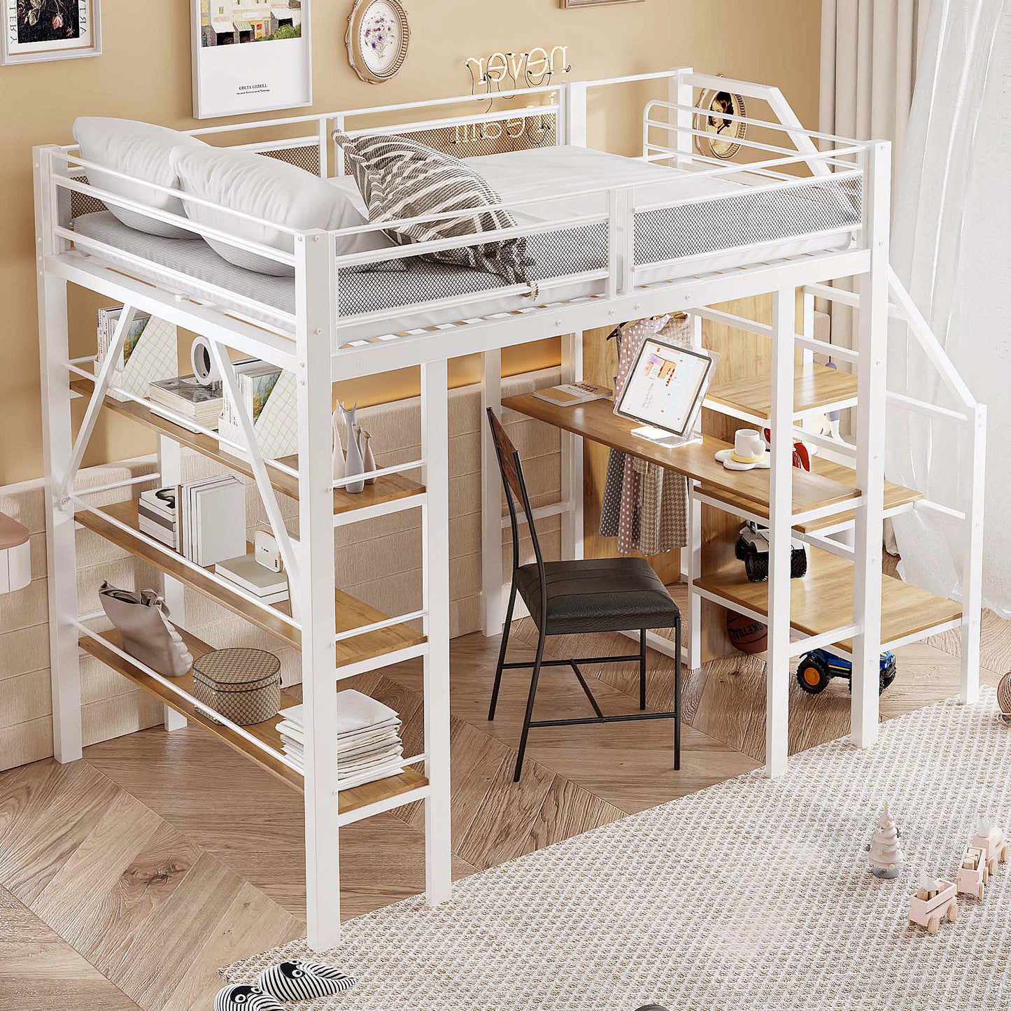 Loft Bed 140x200cm, Three-layer Storage Shelf, Desk, Wardrobe, Security Steps With Storage Compartment, High Fence Design, Iron Bed, Single Bed, White