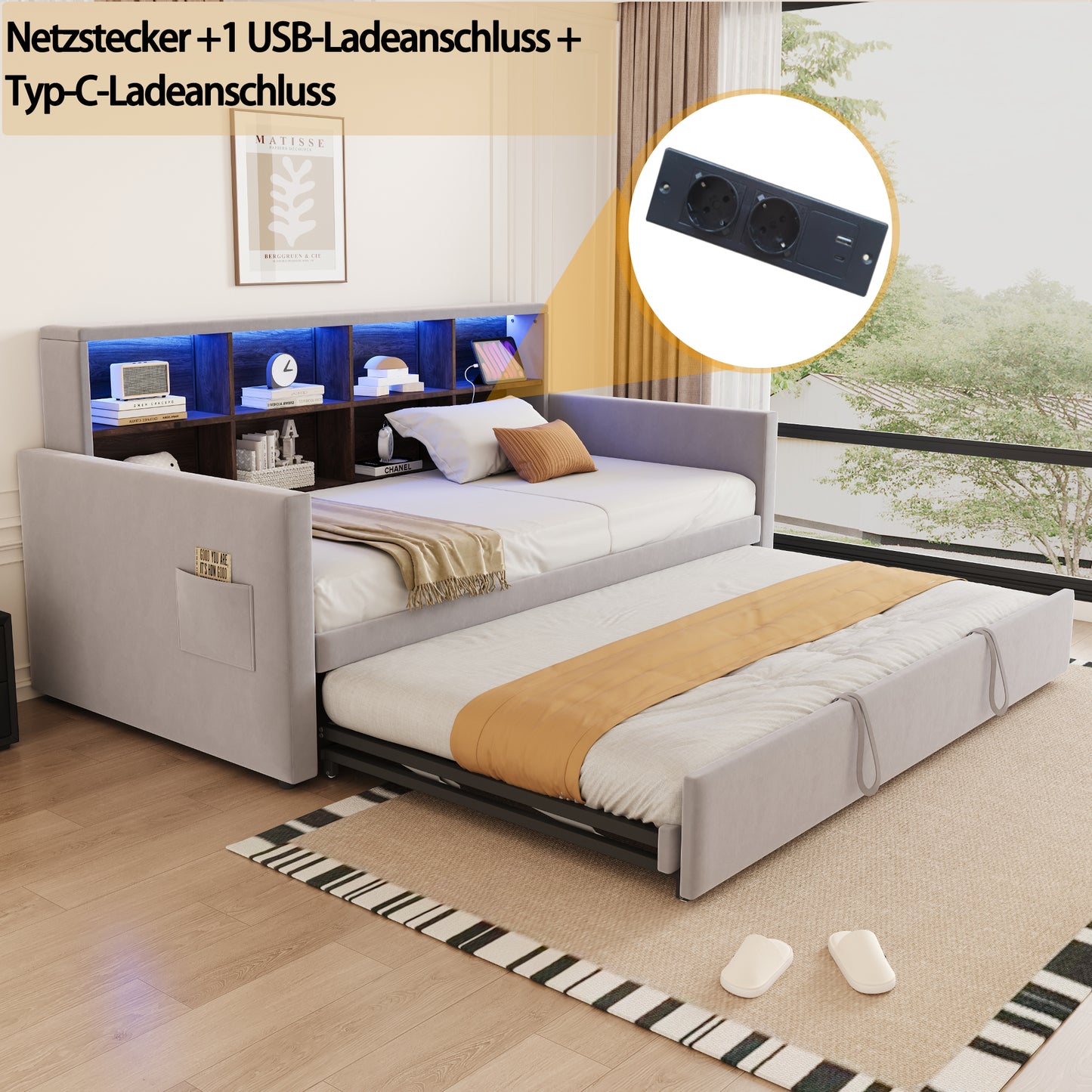 Upholstered Bed Sofa Bed 90x190cm, Headboard With Integrated Storage Compartments, LED Light Strip And Charging Sockets, With Pull-out Bed, Velvet Upholstery, Light Grey