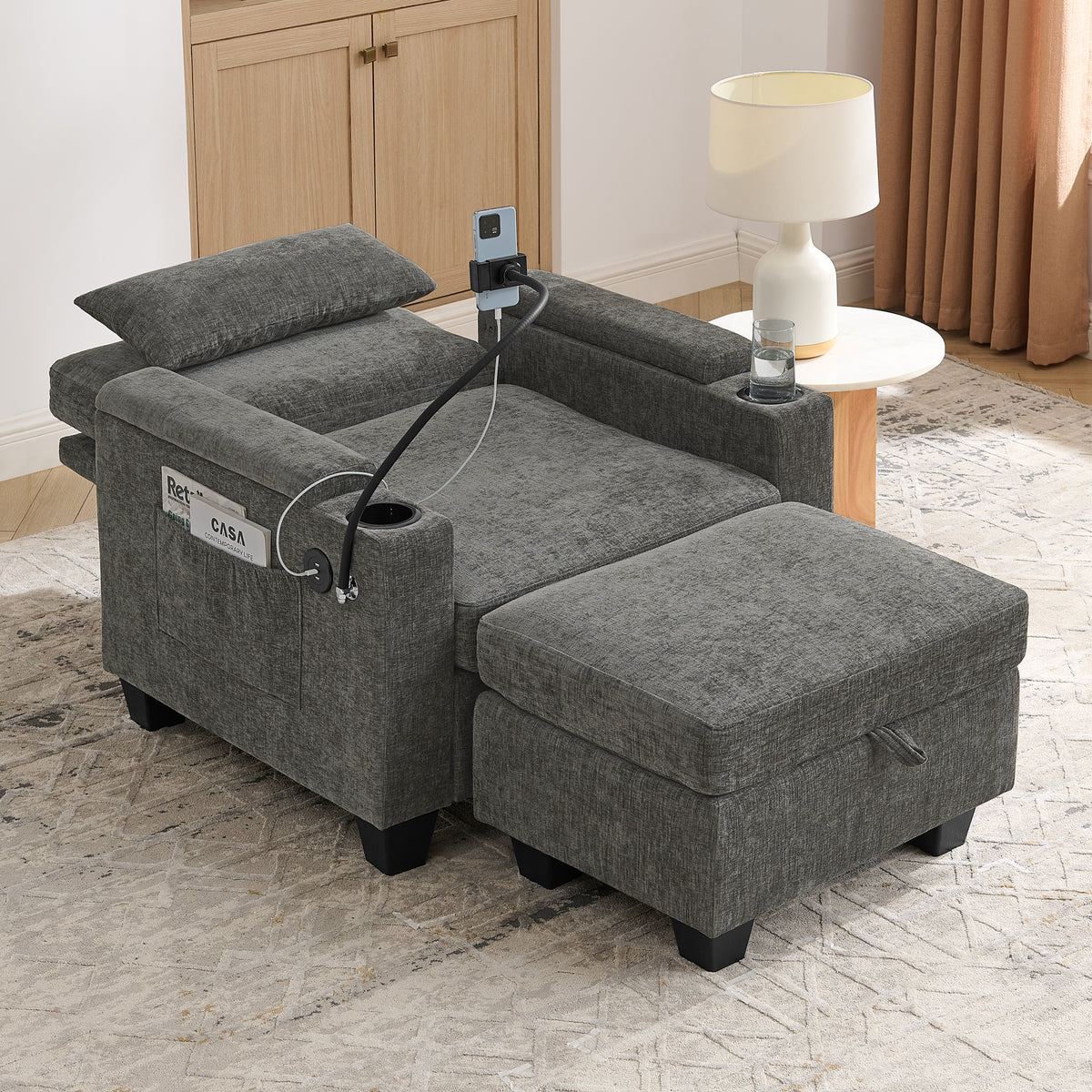 Single Sofa Recliner With Manually Adjustable Backrest, USB Charging Port On The Armrest Side, Phone Stand Included, Hidden Armrest Storage, And A Matching Storage Ottoman-Gray