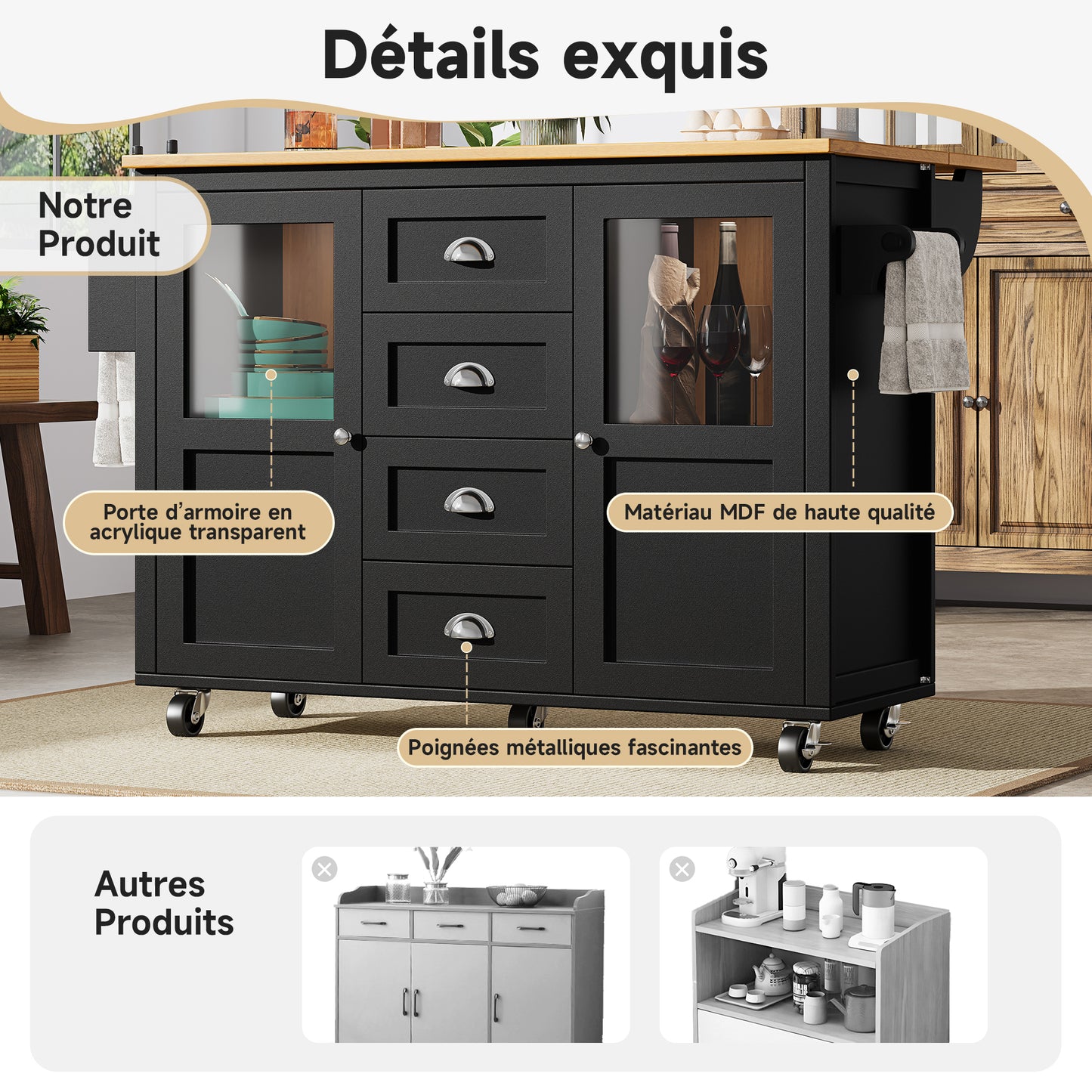 Kitchen Island, Kitchen Cabinet, Buffet Cabinet, 120x73 X93cm, Pull-Out Kitchen Cart With Wheels, Towel Rail, Spice Rack, Adjustable Shelves, Two Doors, Four Drawers, White Black
