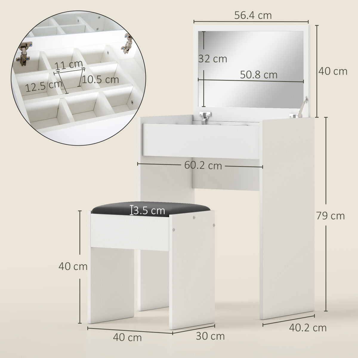 Dressing Table With Mirror And Stool, Vanity Makeup Table With Flip Up Mirror, Vanity Desk With Storage Unit And Padded Seat, White