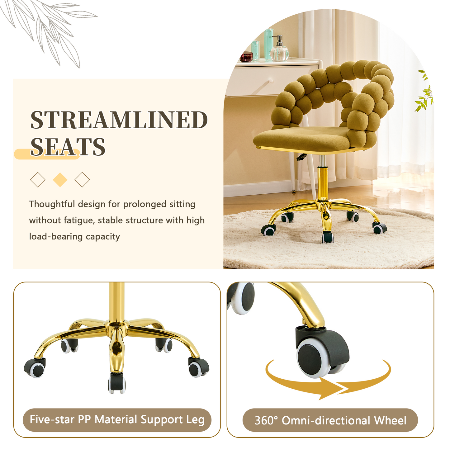 Modern Velvet Adjustable Swivel Desk Chair With Bubble Back, Upholstered Vanity Chair With Gold Metal Base, Rolling Office Chair For Home Office, Bedroom, Makeup Room, Mustard Yellow Set Of 1