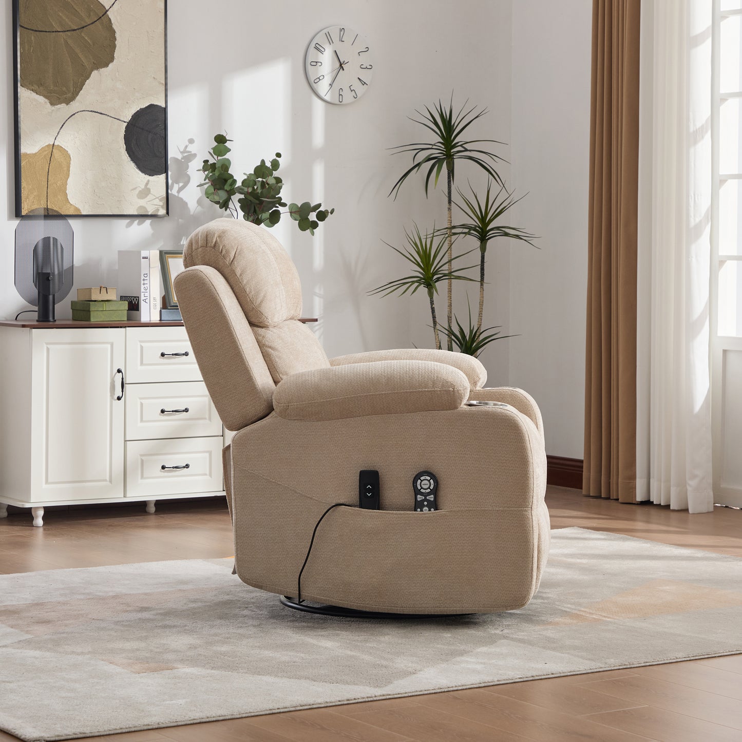 Electric 360 Swivel Recliner With Massage And Heat Function, Electrically Adjustable Backrest And Footrest, As Well As Side Storage Pockets And Cup Holders.Light Khaki