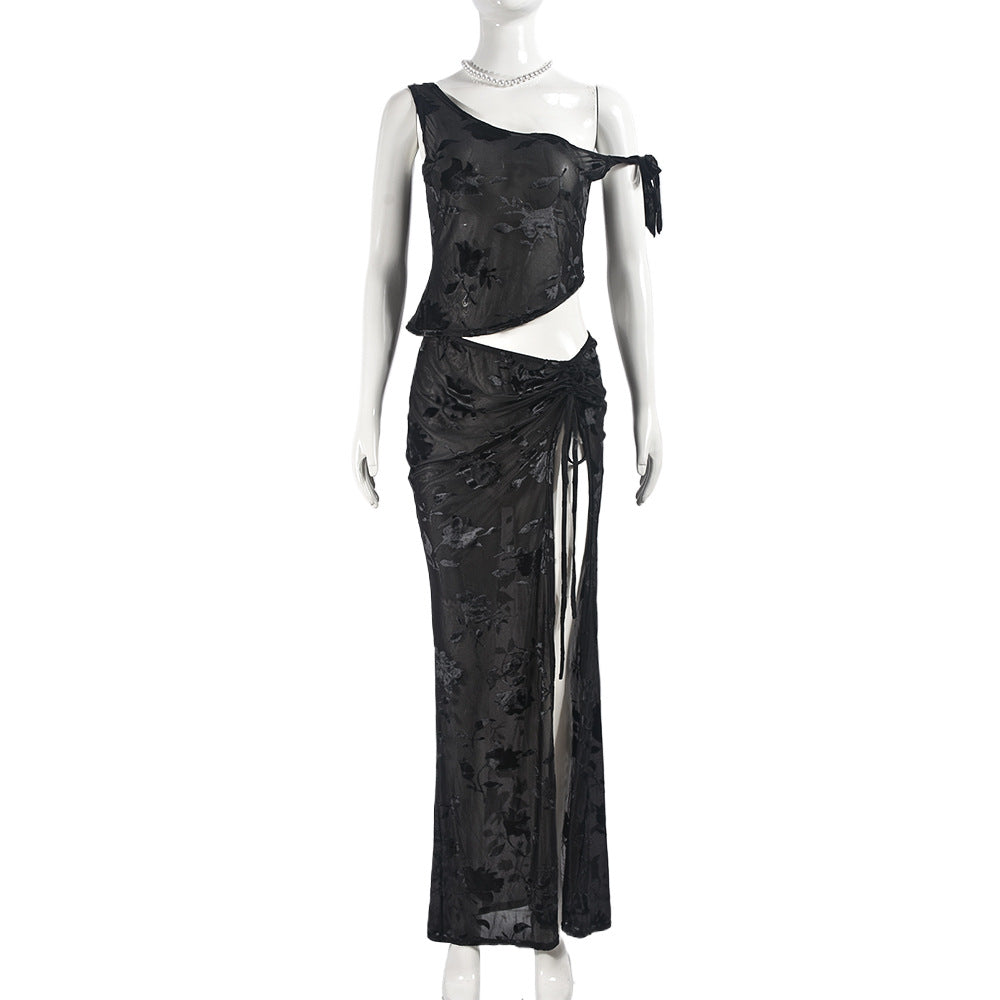 Beauty Clothing See-through Flocking Lace-up Sexy One-shoulder Top Skirt Suit