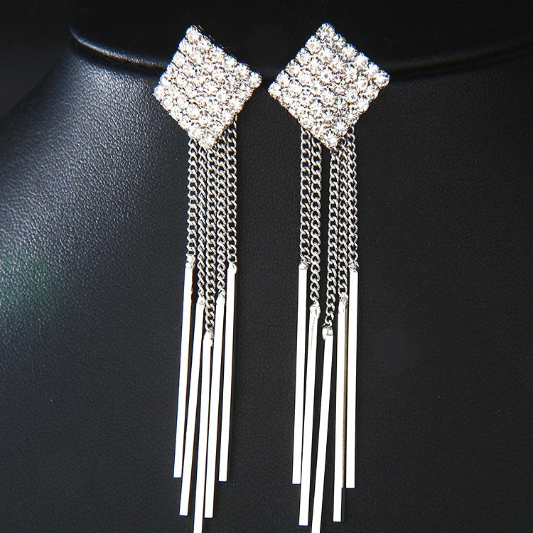 1 Pair 999 Sterling Silver Full Diamond Square Long Tassel Drop Earrings, Sparkly & Elegant, Perfect For Daily, Dating & Parties, Ideal Valentine's Gift