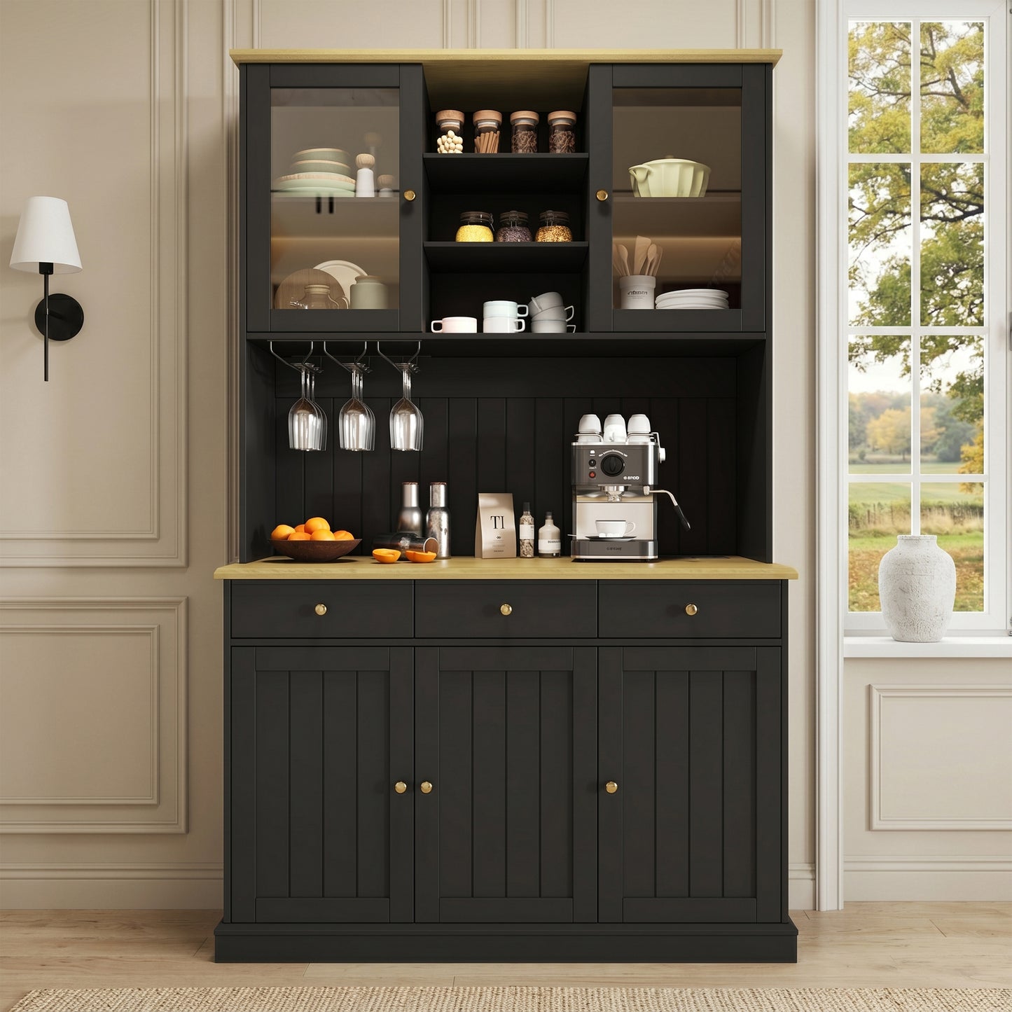 Kitchen Cabinets 120 X 40 X 191 Cm , Tall Kitchen Cabinets, Sideboards, Features Include A Power Outlet 2 Power Outlets USB-A USB-C And A Wine Glass Holder, Adjustable Shelves, Black