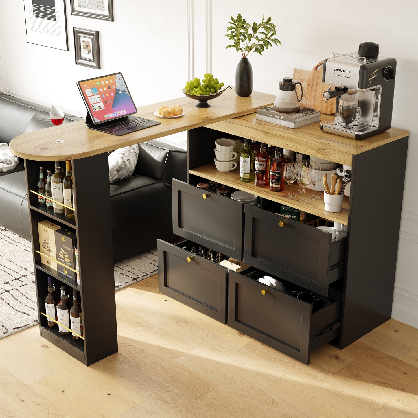 360 Rotating Bar Table Main Body 105 X 39 X 102 Cm , With 4 Drawers And Open Shelves, Suitable For Dining Room Study Living Room, Etc