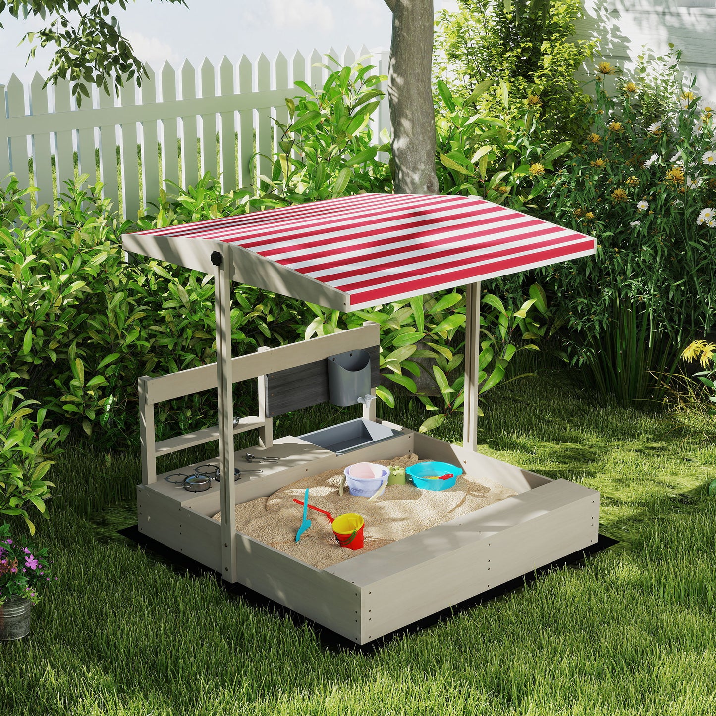 Kids Sandbox with Height Adjustable Canopy, Wooden Sandbox Backyard Toy with Kitchen Playset Accessories, Outdoor Activity Gift for Girls and Boys, Ages 3-7
