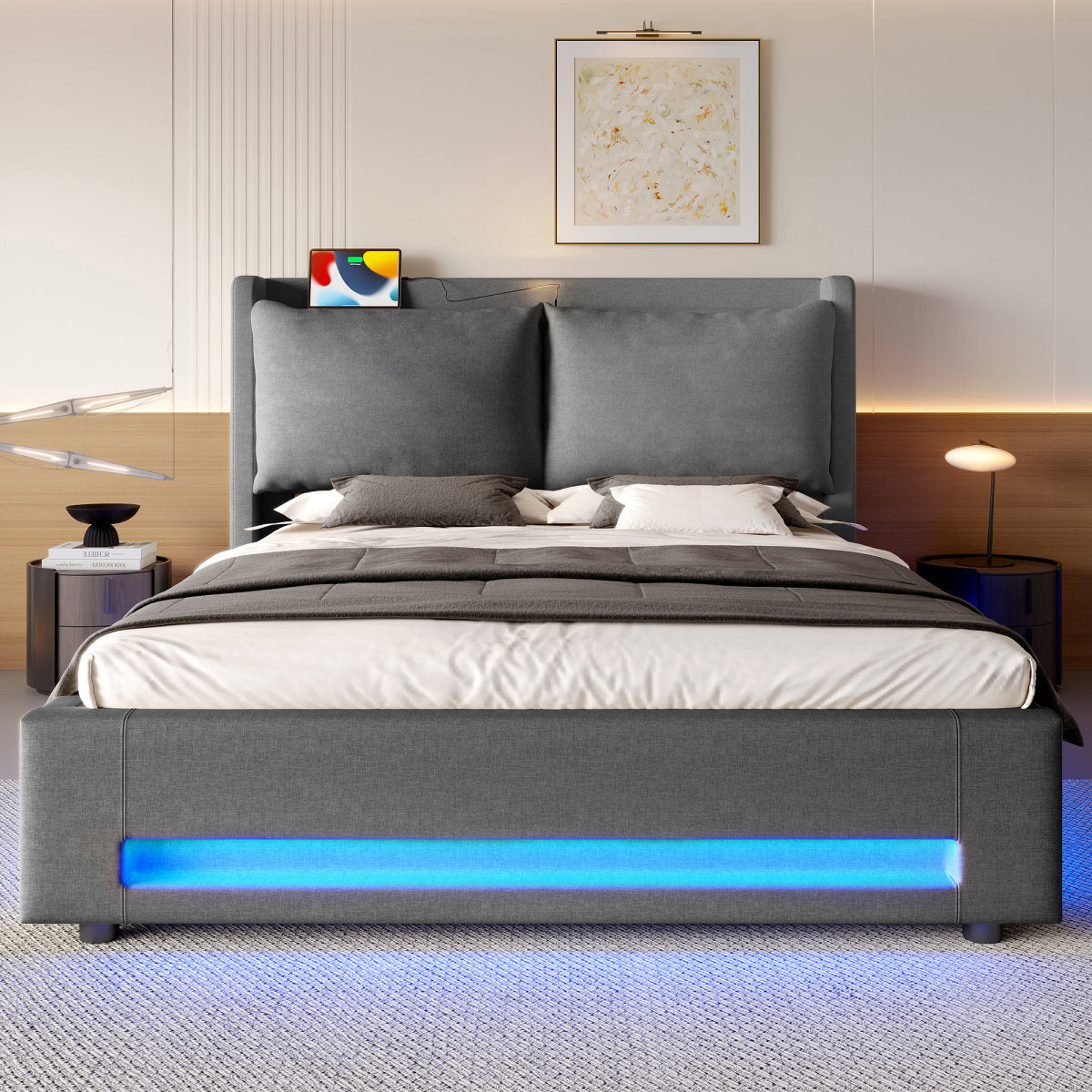 Modern Upholstered Bed With Linen Headboard. Features Built-in Storage Shelf, Dual USB-C Ports, Ambient LED Lighting, Hydraulic Lift System And Removable Pillows. Practical And Stylish.150x200 Cm