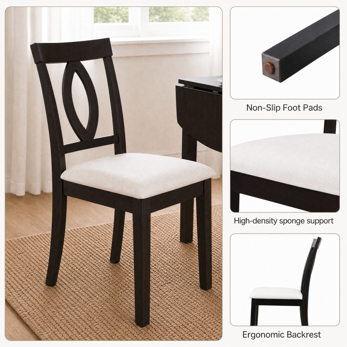 3-Piece Drop Leaf Wood Dining Table Set, 1 Folding Extendable Table, 2 Upholstered Chairs, Small Space Dining Set for 2 People,Space-Saving, Apartments, Kitchen Room, Dark Brown