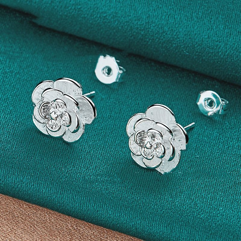 Silver Rose Stud Earrings Female Accessories