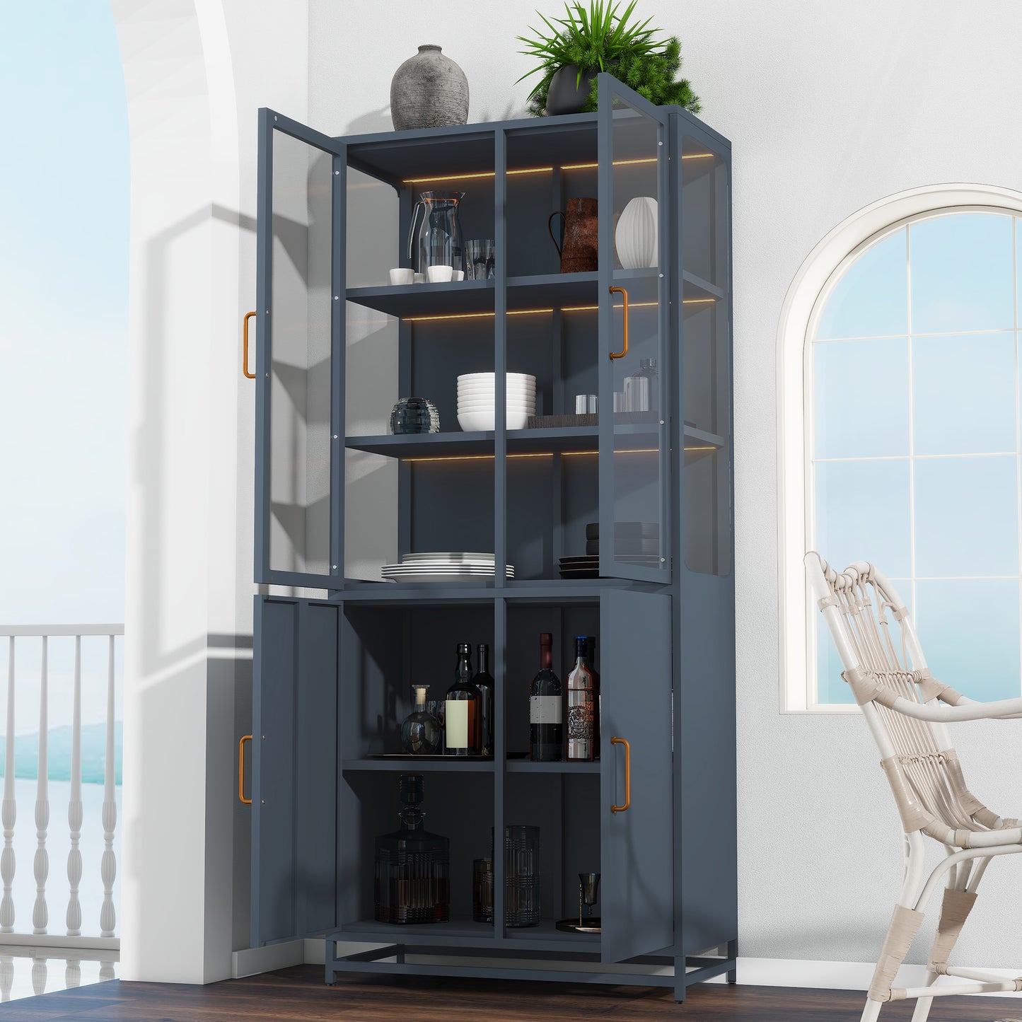 76.75 Tall Display Cabinet, With Glass Doors And LED Lights, Steel Curio Cabinet With 3-Sided Glass, Pantry Cabinet With Storage For Hallways, Livingroom Kitchen Home Decor & Office - Dark Blue