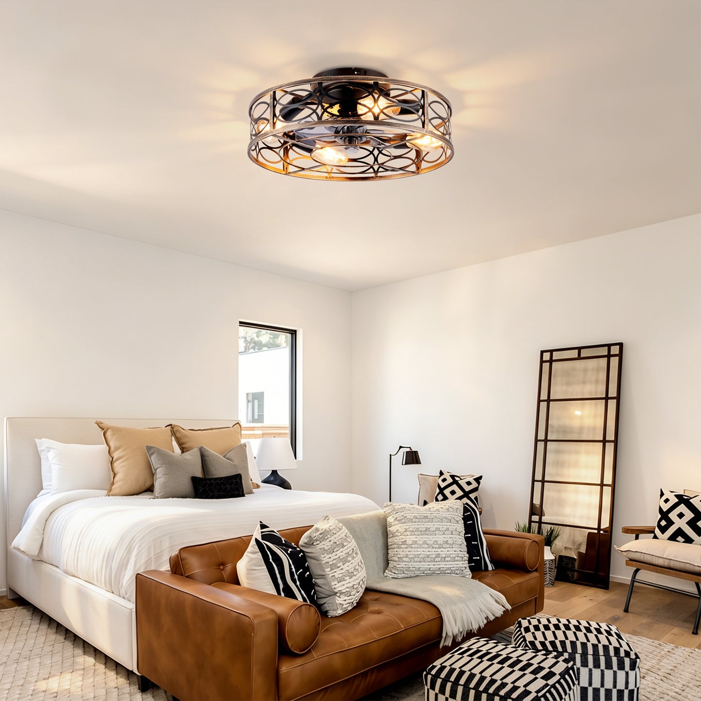 20in Low Profile Caged Ceiling Fans With Lights And Remote, Farmhouse Flush Mount Ceiling Fan With 6 Speeds Reversible Motor, For Kitchen, Bedroom--NOT Included Bulbs