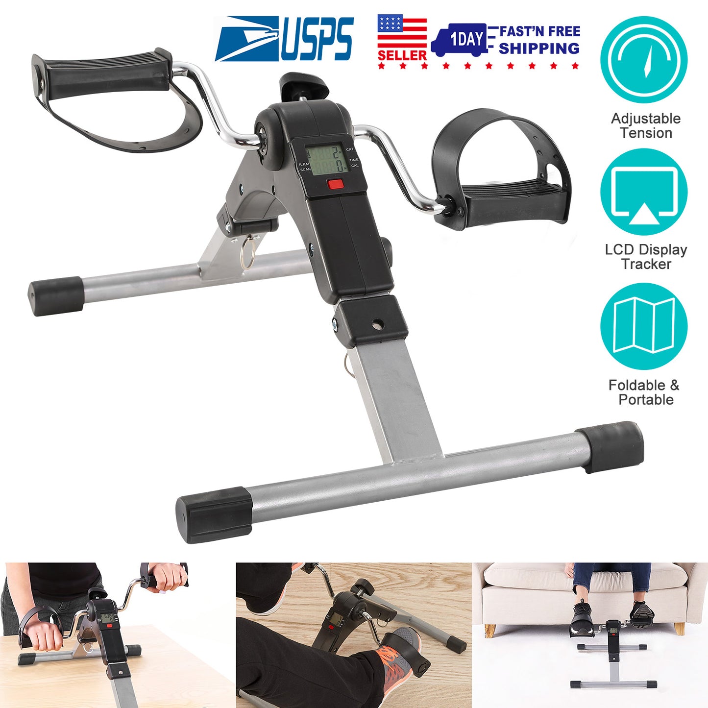 1Pc Foldable Exercise Bike Pedal Fitness Exerciser Cycle Bike LCD Display Mini Pedal Exerciser For Leg Arm Physical Therapy Home Office Gym