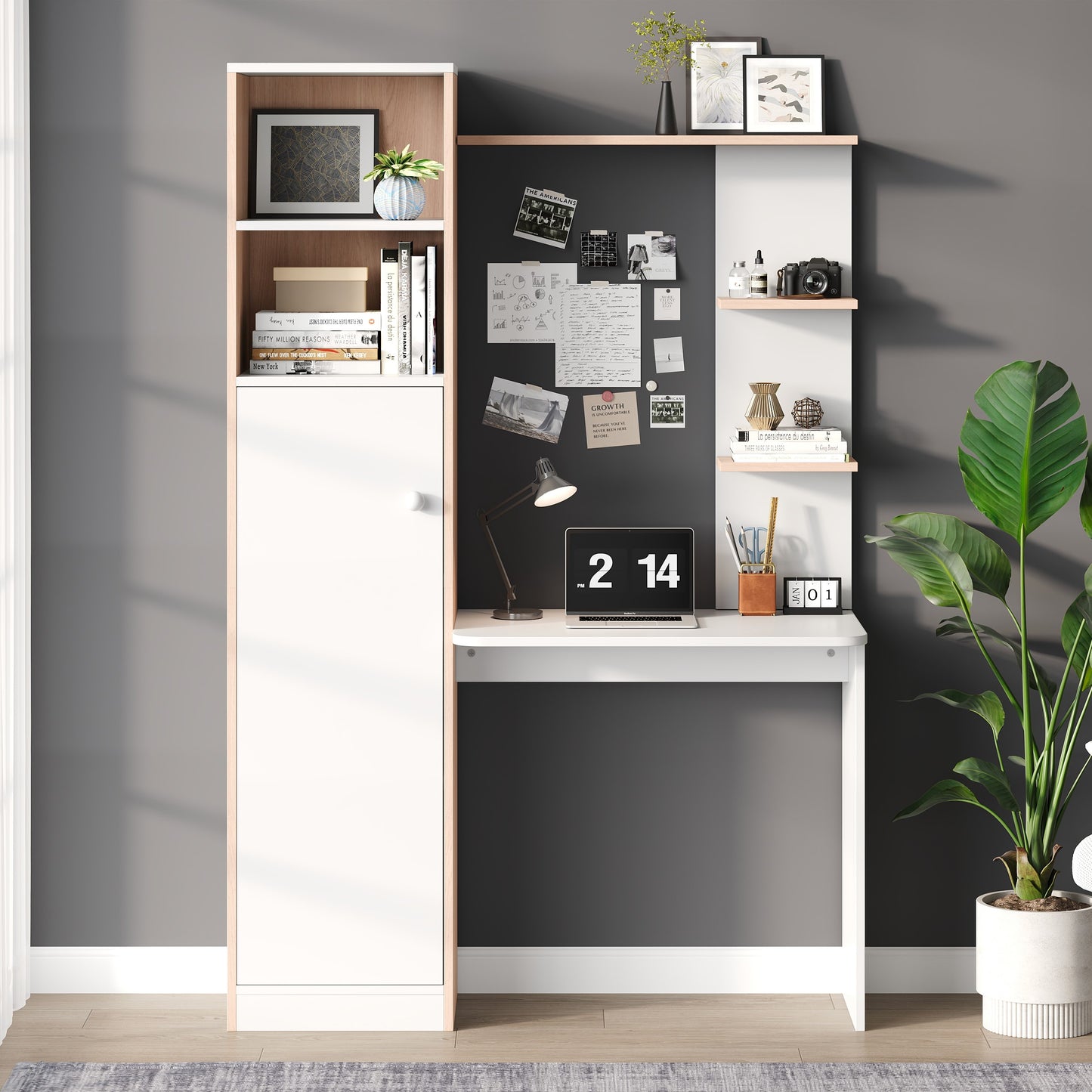 Work Table Desk With Storage White With Rod Wood Contrast, Lower Cabinet With Doors And Upper Open Shelf, Office Design, 123.5x45x168.5 Cm