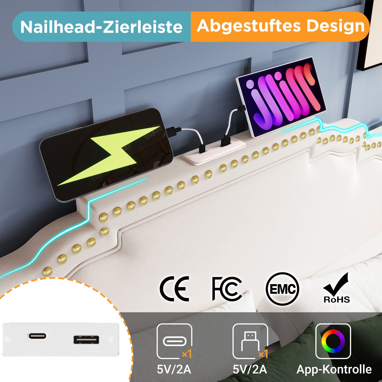 Upholstered Bed 140x200, Double Bed With 4 Drawers, LED Lighting And USB-C Charging Port, Storage Bed And Youth Bed With Slatted Base, Velvet, Beige, Without Mattress