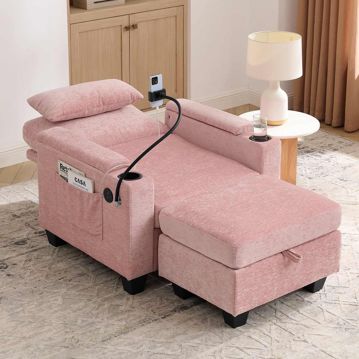 Single Sofa Recliner With Manually Adjustable Backrest, USB Charging Port On The Armrest Side, Phone Stand Included, Hidden Armrest Storage, And A Matching Storage Ottoman-Pink