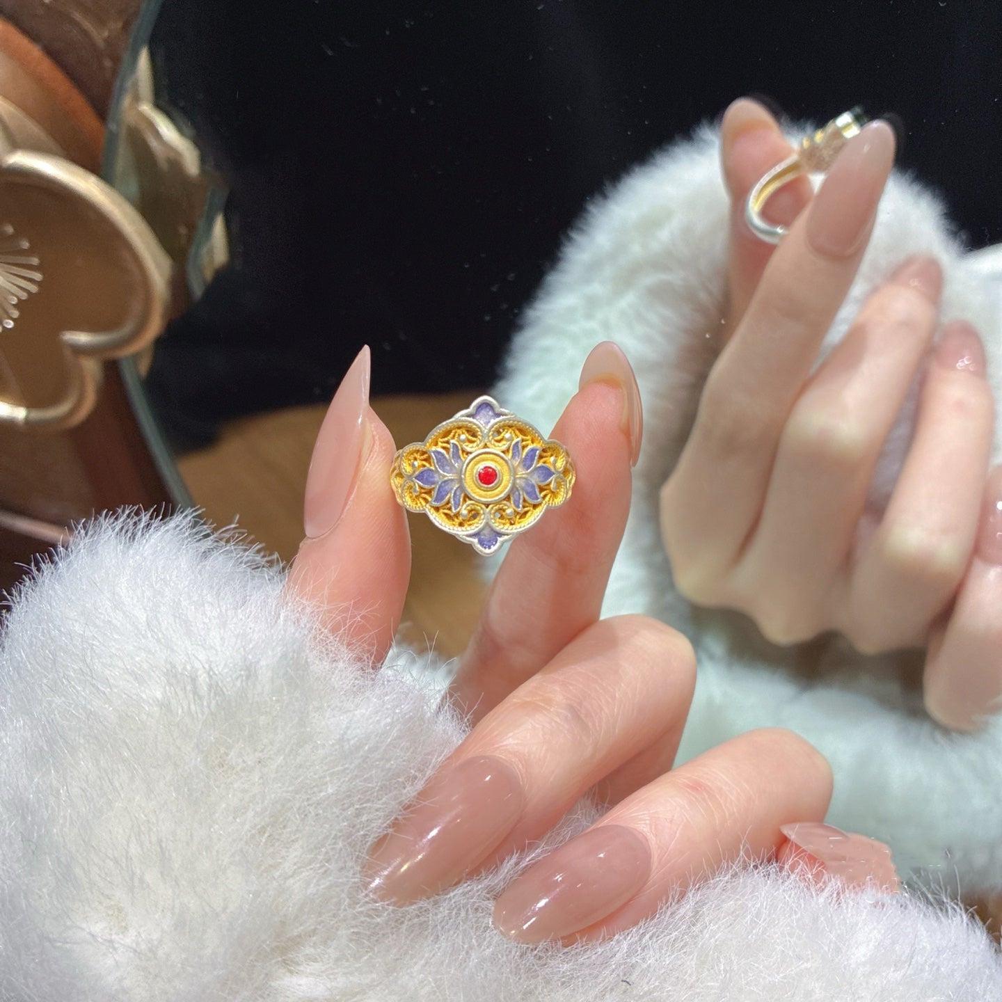 1pcs 999.9 Sterling Silver Filigree Enamel Flower Statement Ring, Luxury Retro Style, Ideal For Birthdays & Holiday Gifts