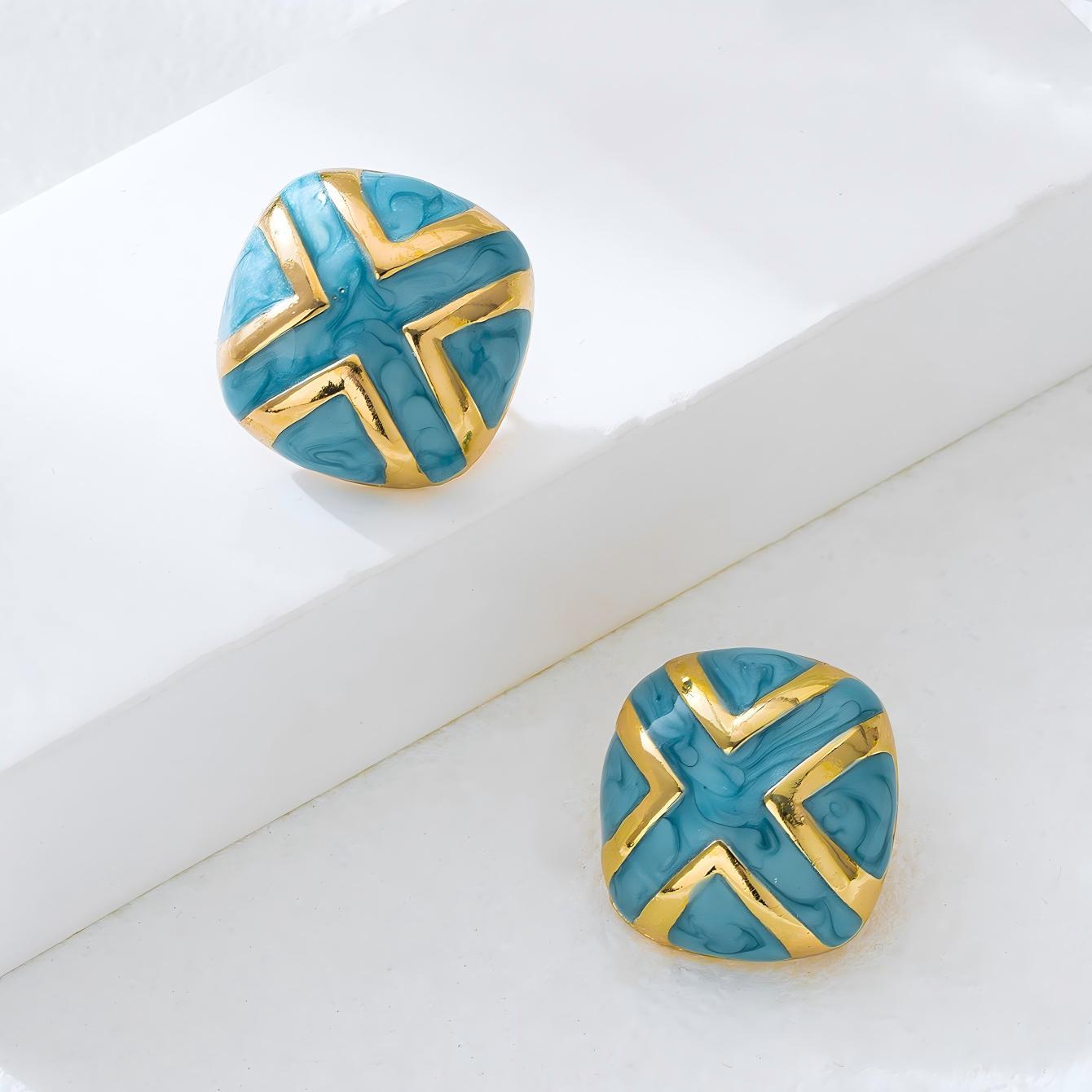 Glaze-Drip Style Light Luxury Blue Square Stud Earrings, Striped Geometric Earrings, Niche Style, Versatile, Exquisite, Gentle Accessories