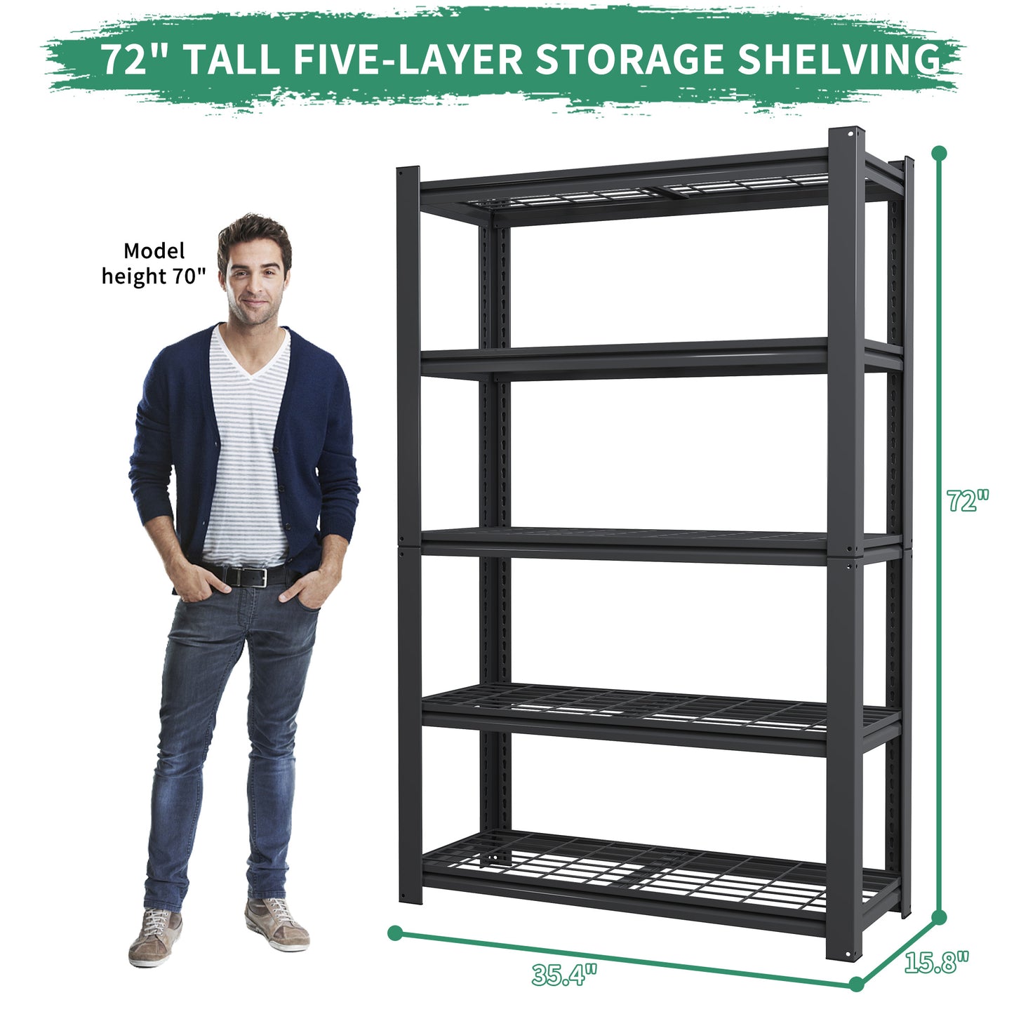 72 H 5-Tier Adjustable Heavy Duty Shelving Metal Mesh Storage Rack 2000 Lbs Loading Capacity - Metal Shelf Organizer For Pantry, Garage, Kitchen - 35.43 Wx15.75 Dx72 H - Black