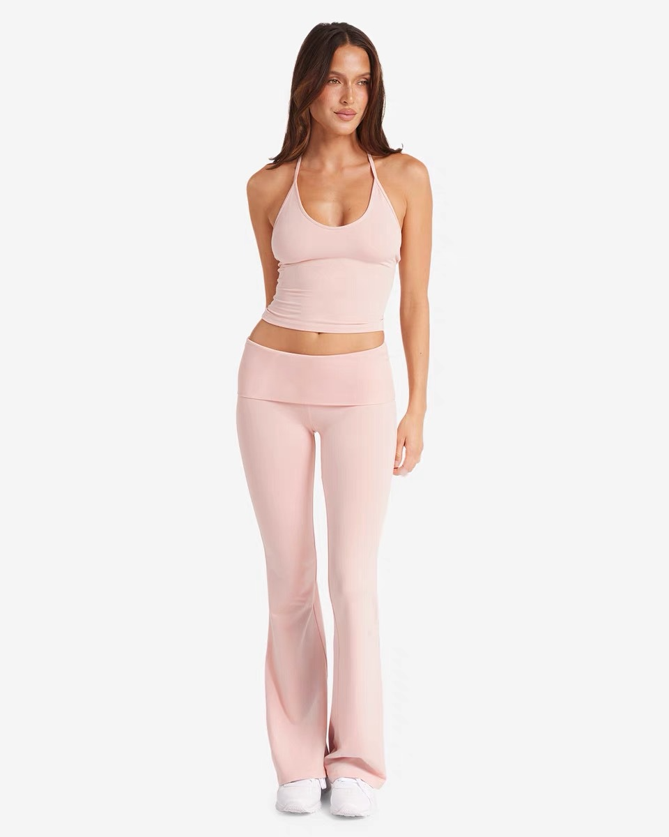 Yoga Outfit With Built-in Pads Halter Tank Top High-Rise Bare-Skin Quick-Dry Flared Workout Pants