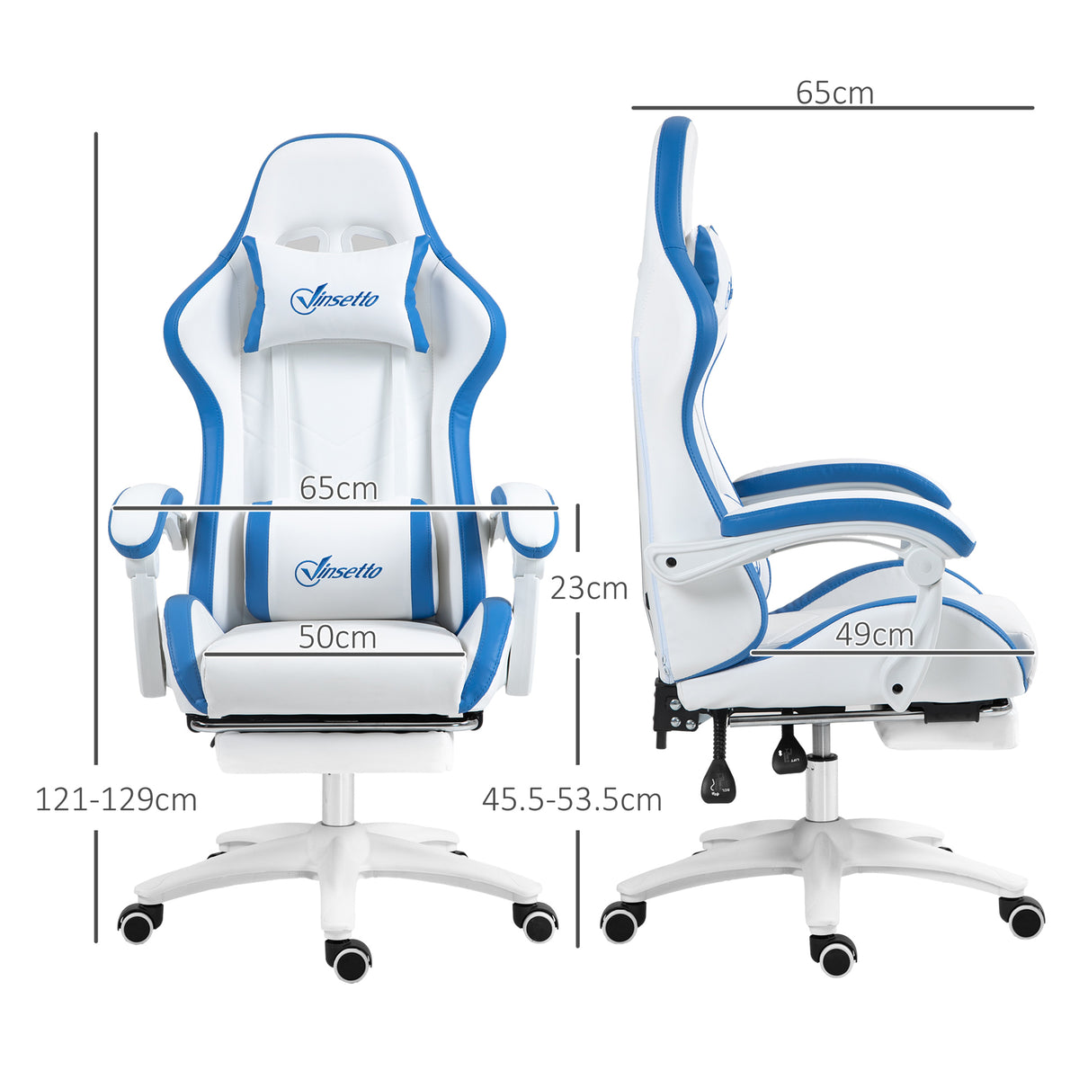 Vinsetto Computer Gaming Chair, PU Leather Office Desk Chair With Footrest, Swivel Wheels, 135° Reclining Back, Lumbar Support, Headrest For Home, White And Blue