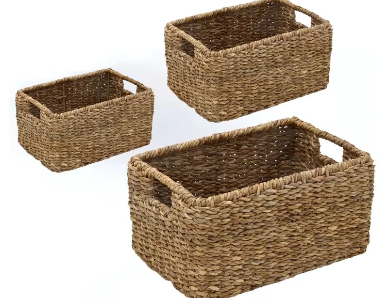 3 Pack Natural Seagrass Woven Storage Baskets Woven Rectangular Organizer Set With Handles Decorative Wicker Bins For Shel...