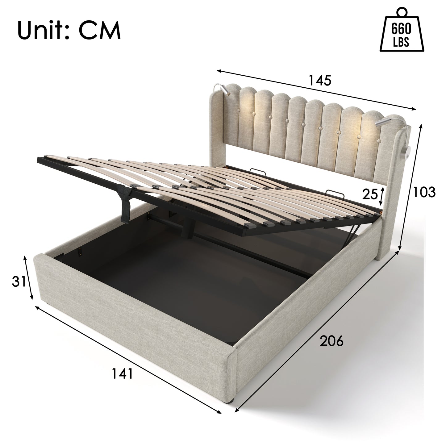 Upholstered Bed Double Bed Reading Light With Charging Function Headboard Storage Bed Frame Linen Material Youth Bed 160x200 With Slatted Frame,Natural With Mattress