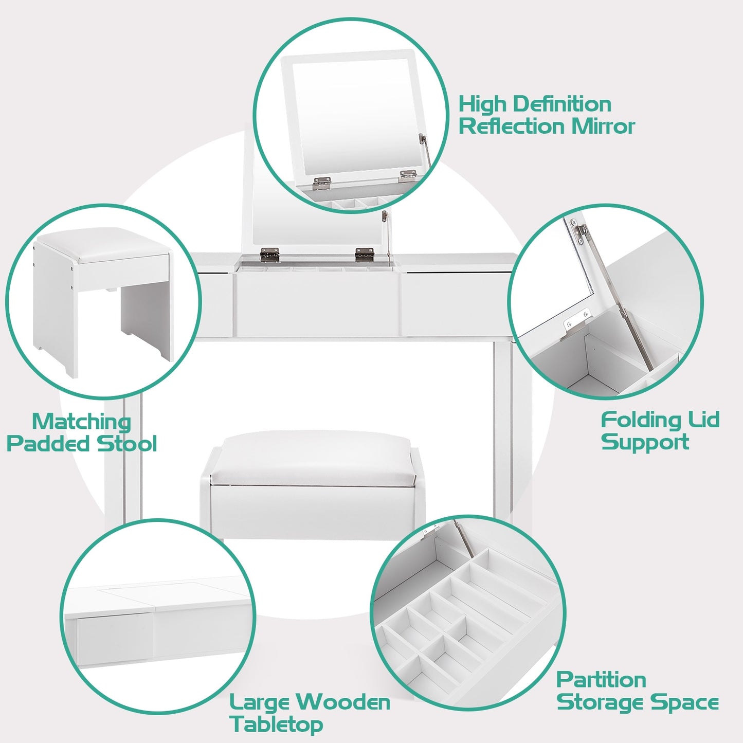 Vanity Makeup Dressing Table Set With Flip Top Mirror And Cushioned Stool-White