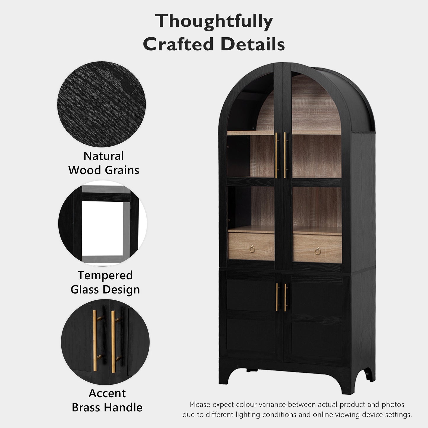 K&K 71 Tall Arched Kitchen Pantry Cabinet With Door Shelves, Farmhouse Kitchen Storage Cabinet With Open & Adjustable Shelves, Hidden Drawer & Glass Door, Cupboard For Kitchen, Dining Room, Black