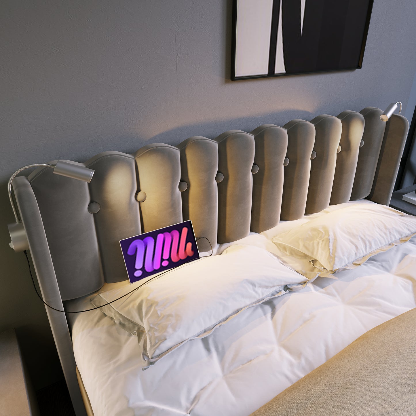 Upholstered Bed Double Bed Reading Light With Charging Function Headboard Storage Bed Frame Velvet Youth Bed 160x200 With Slatted Base, Grey Without Mattress
