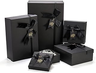 ZENFUN 5 Pack Black Nested Gift Boxes with Lid for Valentine's Presents, 5 Sizes Luxury Packaging Box with Ribbon Bows and...